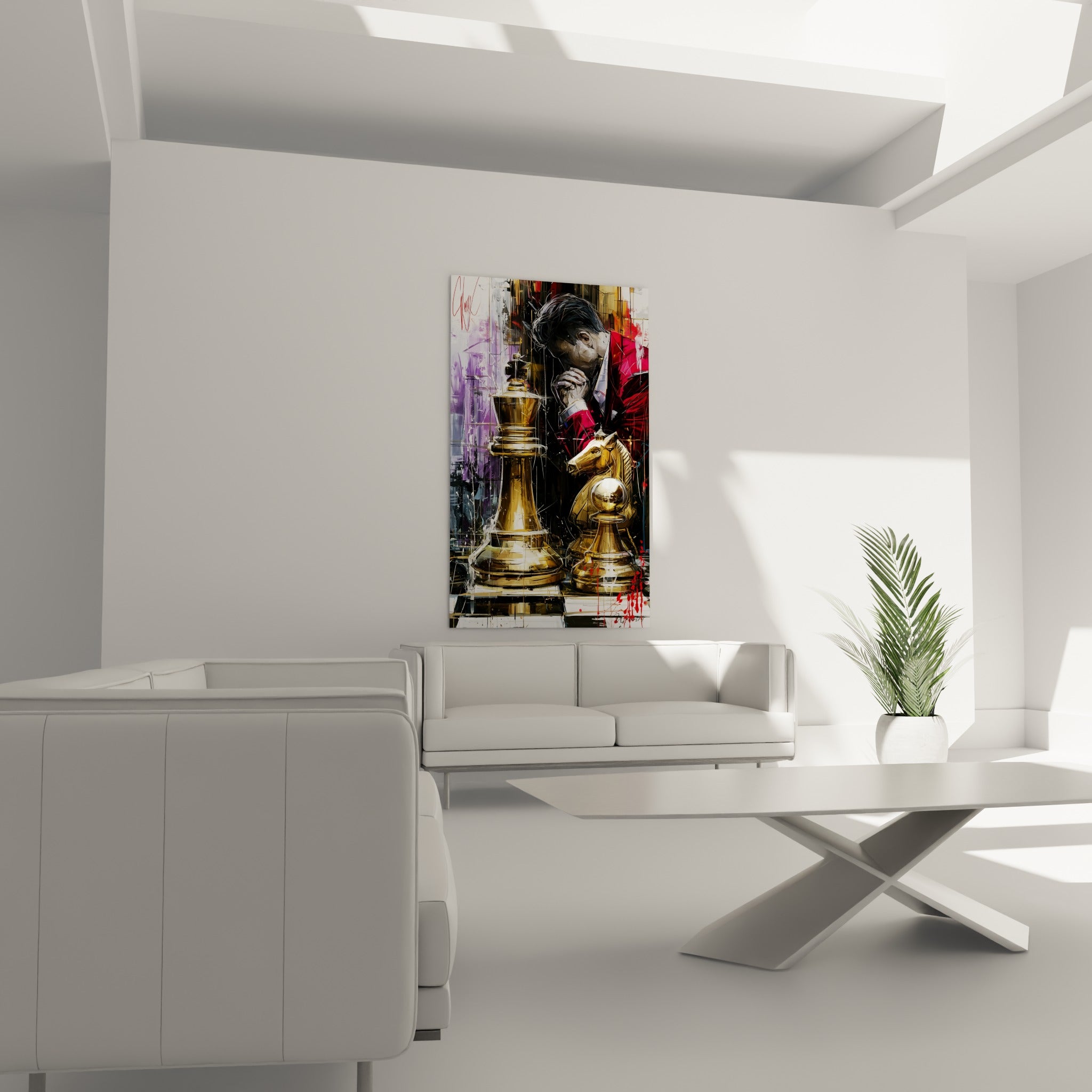 Scène d'échecs dorée et rouge intense placée au-dessus d'un canapé dans un salon lumineux