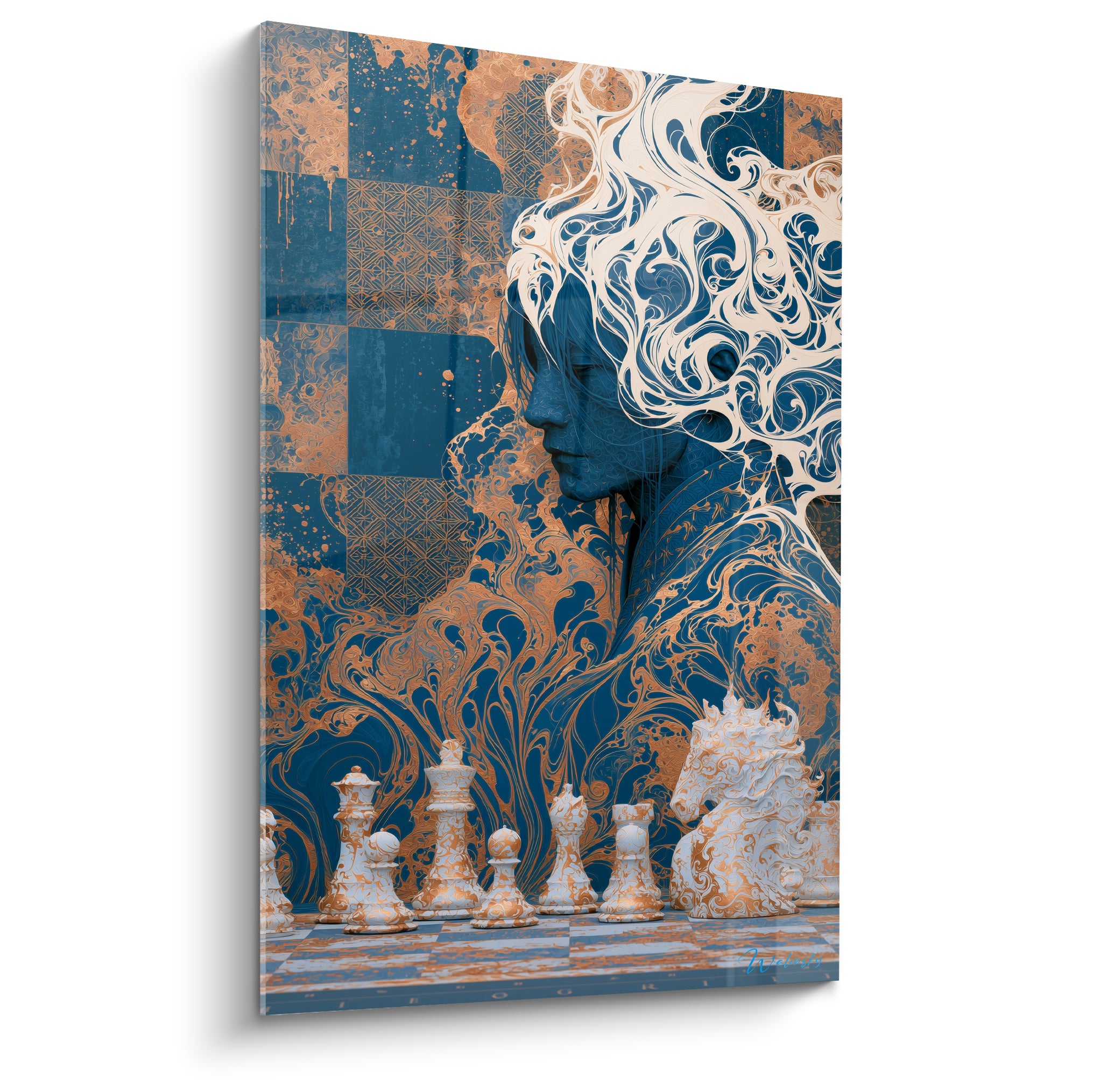 Silhouette bleue penchée sur un échiquier doré et ivoire, style graphique orné et mystérieux