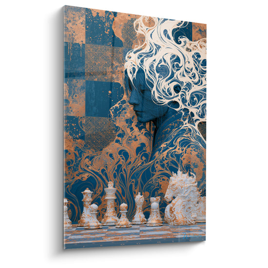 Silhouette bleue penchée sur un échiquier doré et ivoire, style graphique orné et mystérieux