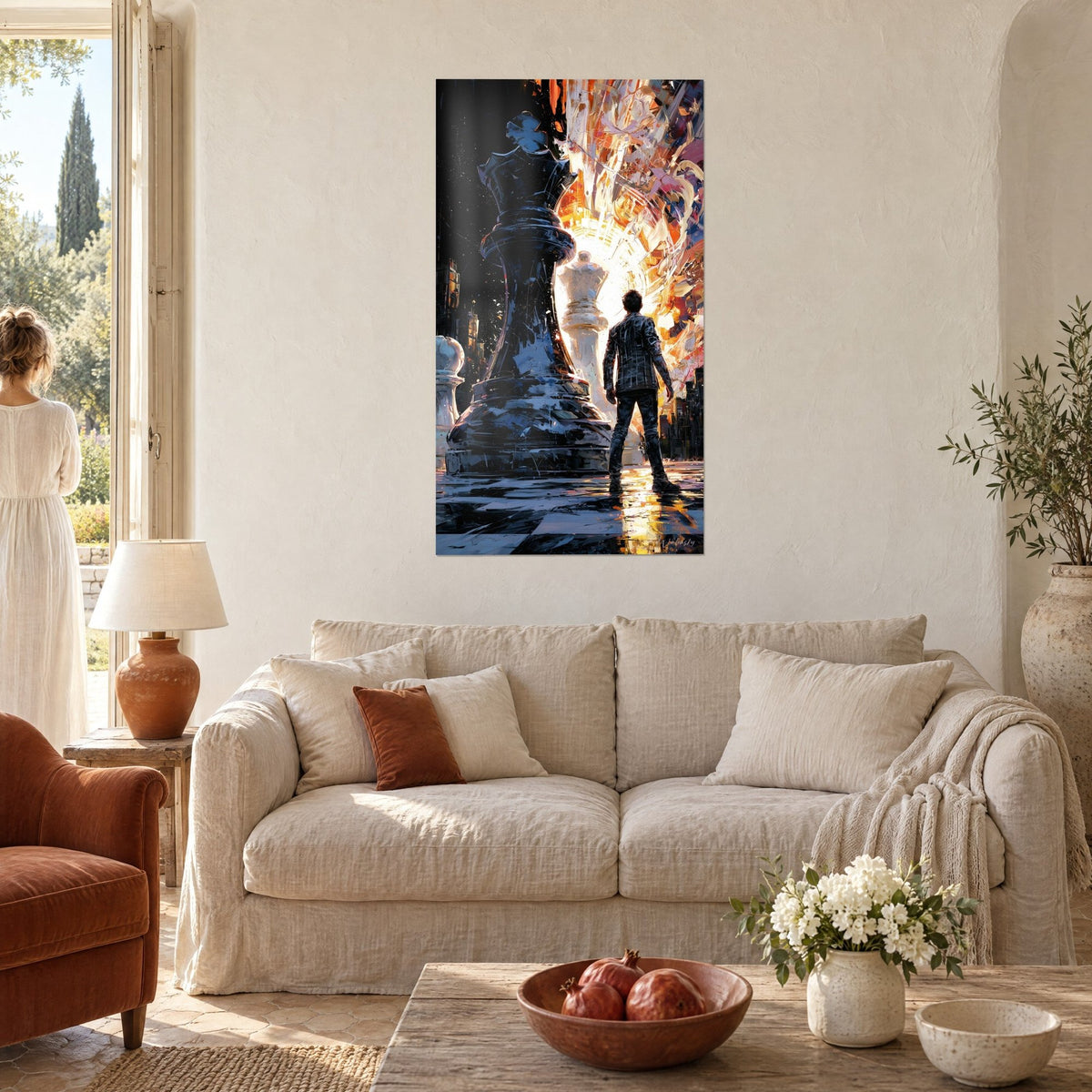 Quadro sagoma di un uomo davanti a una gigantesca regina degli scacchi nera, alone arancione e bianco brillante, sopra un divano in un soggiorno luminoso