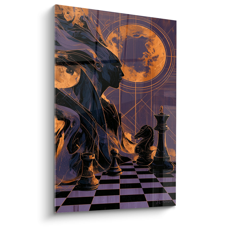 Tableau Silhouette violette et dorée sur échiquier - Stratégie céleste - Edition Echecs