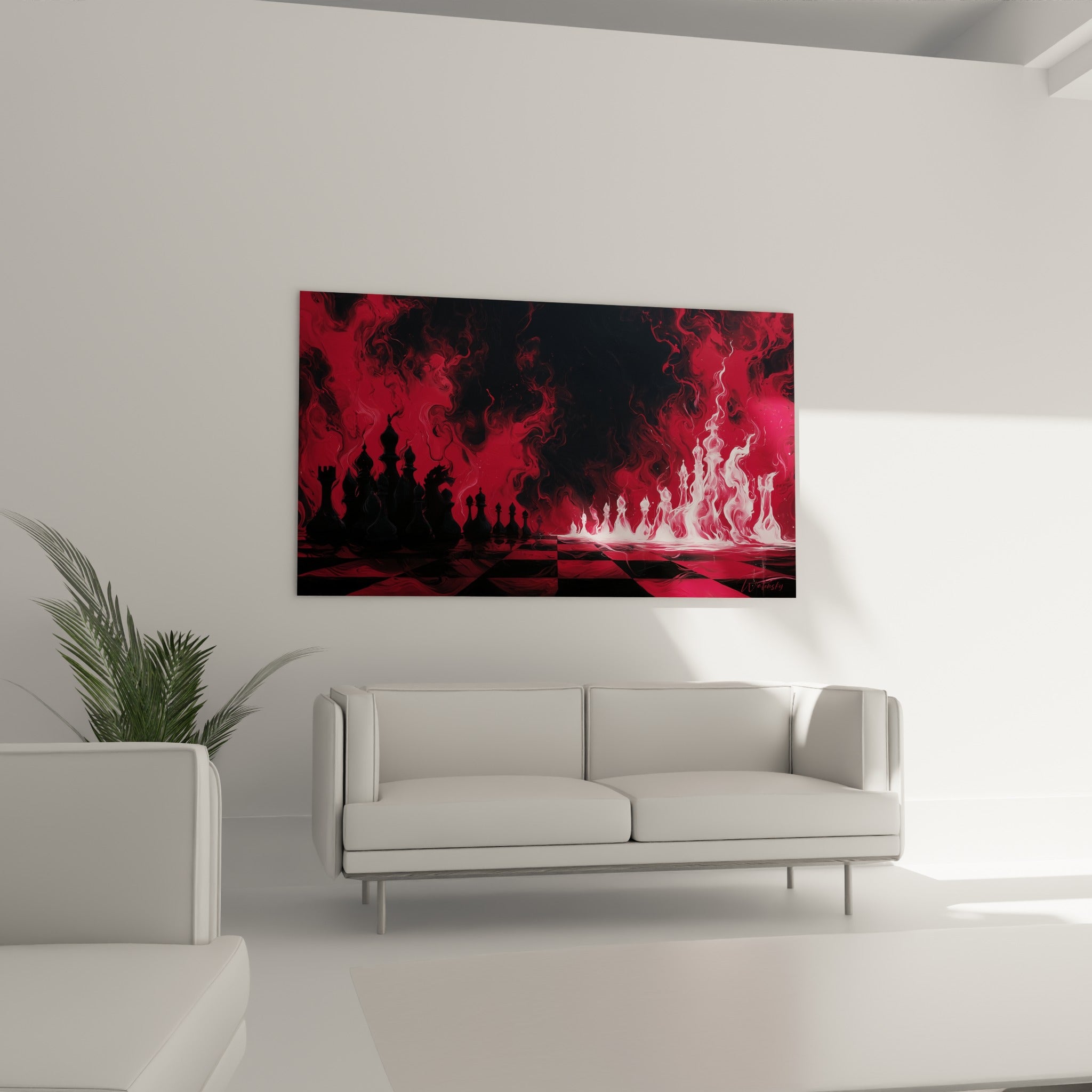 Silhouettes d'échecs anthracite et volutes rouges affrontant des figures enflammées au-dessus d'un canapé dans un salon lumineux