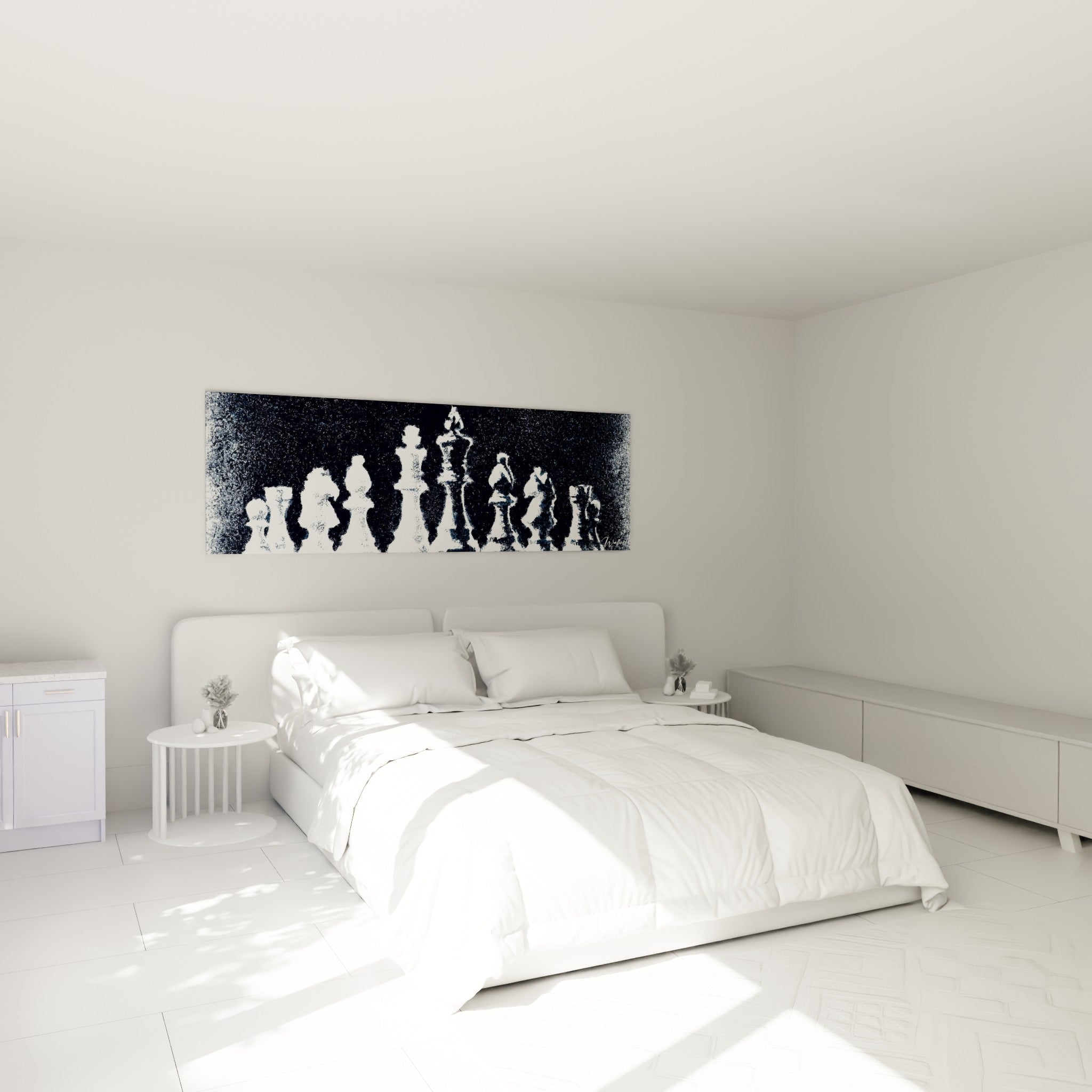 Rangée de pièces d'échecs blanches et anthracite au-dessus d'un lit dans une chambre claire