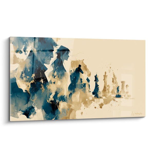 Tableau Profils bleu marine et beige aux visages superposés - Silhouettes de joueurs fantomatiques - Edition Echecs