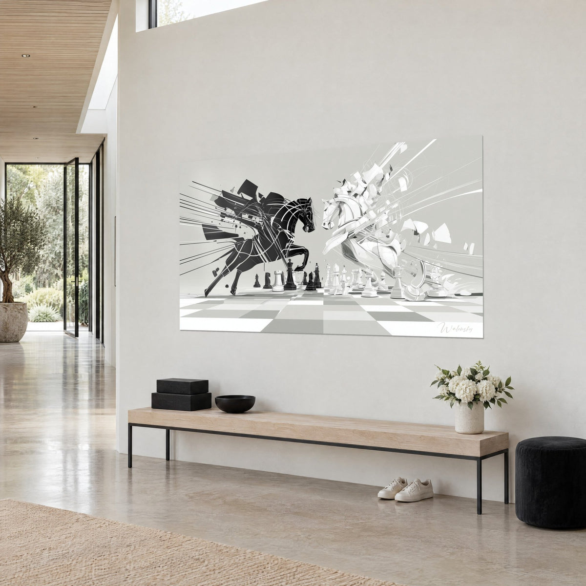 Wall art chess knights in deep black and pearly white, speed lines and fragments, on a beige wall beside a low bench