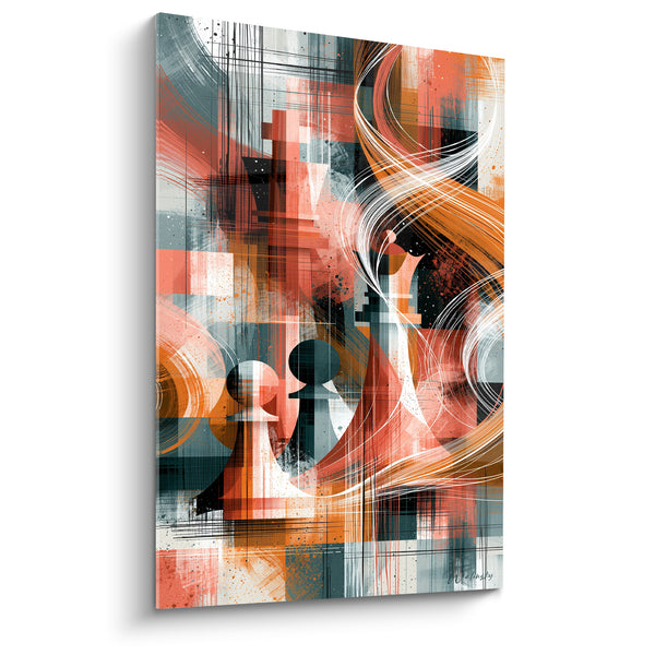 Tableau Reine corail et anthracite aux volutes blanches - Pions face à face - Edition Echecs