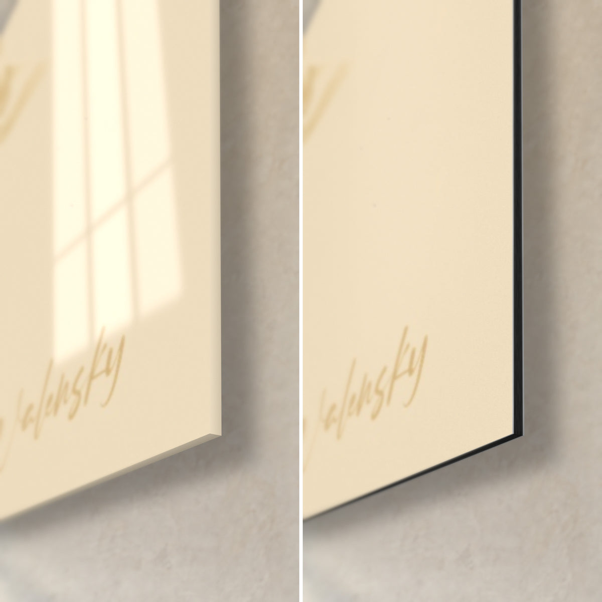 Quadro doppio ritratto ad acquerello blu petrolio e beige, angolo in basso a destra: vetro acrilico lucido e Dibond nero opaco da 3 mm