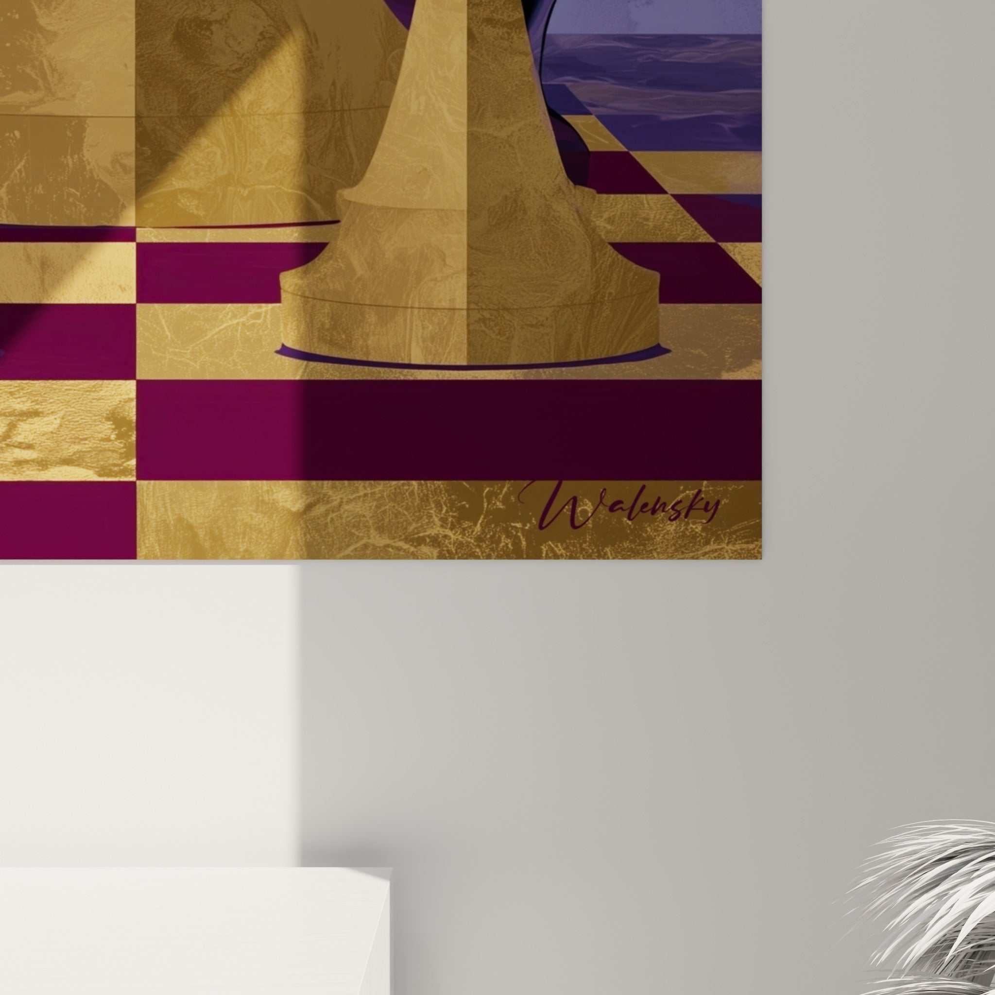 Grain doré et volutes violettes se rejoignant sur la surface texturée du tableau échecs