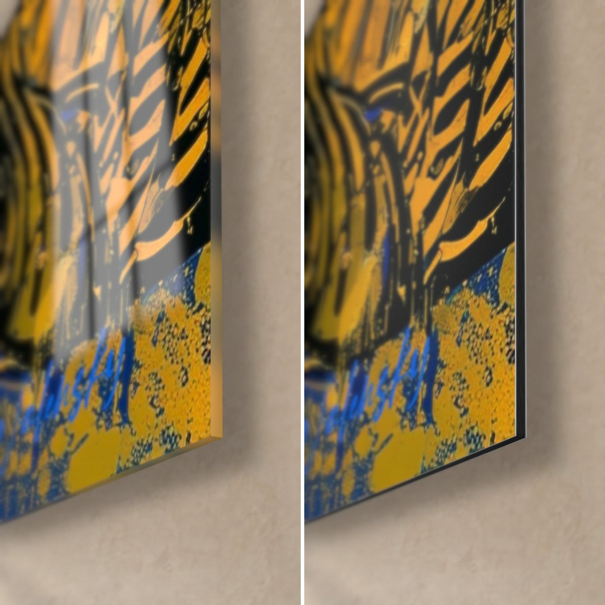 Quadro profilo africano con schizzi blu e gialli, angolo in basso a destra: vetro lucido con riflessi, Dibond opaco, spessore 3 mm