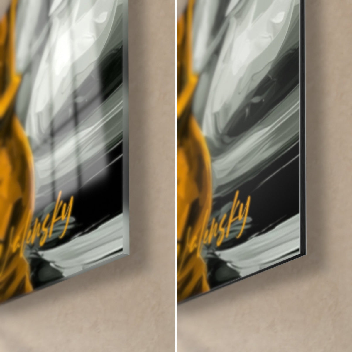 Tableau rois d'échecs dorés, coin bas droit de la signature jaune, verre acrylique brillant à gauche et Dibond noir mat à droite