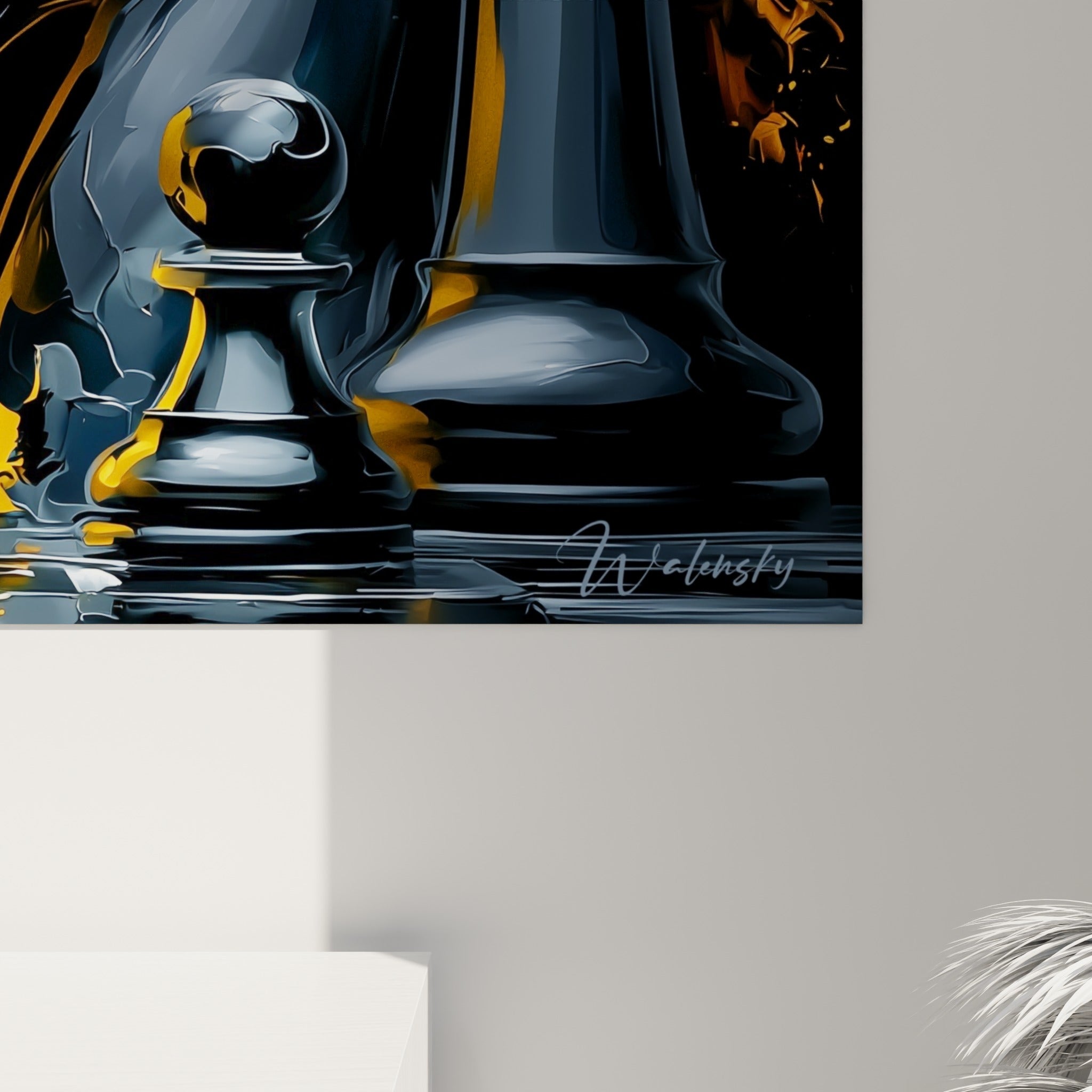 Empâtements dorés et coulures anthracite se mêlant sur la crinière sculptée du cavalier d'échecs