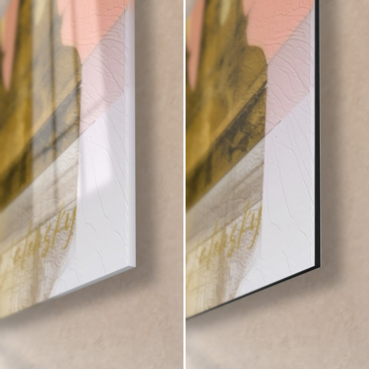 Gemälde Schachdame in Ocker und Schwarz, untere rechte Ecke: glänzendes Acrylglas links, mattschwarzes Dibond rechts