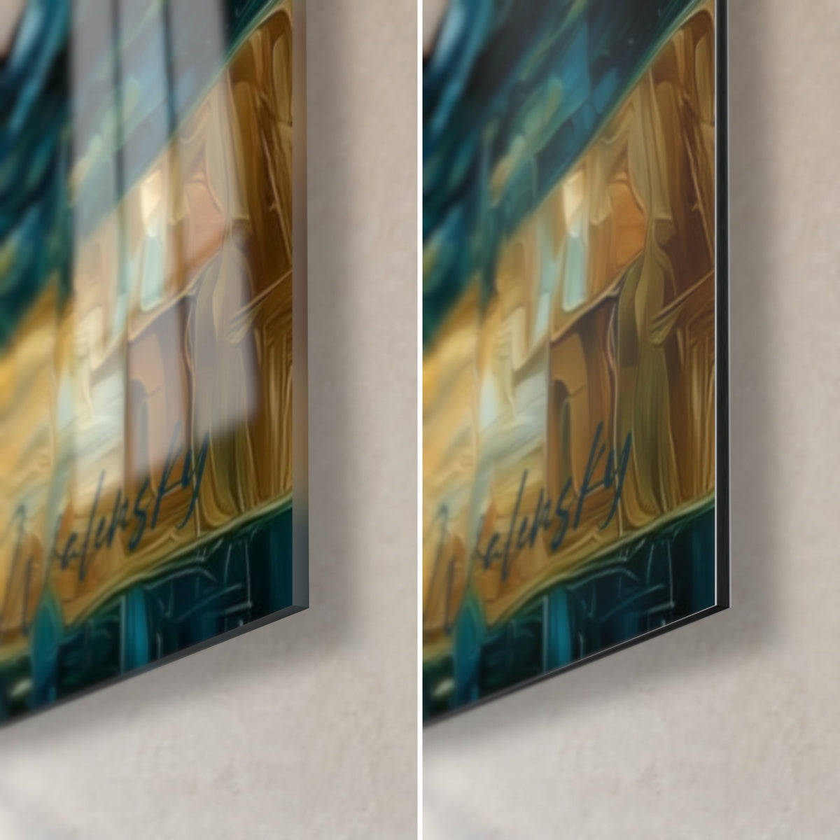 Tableau souverain d'échecs aux touches ocre et turquoise, coin bas droit : verre acrylique brillant à gauche, Dibond mat à droite