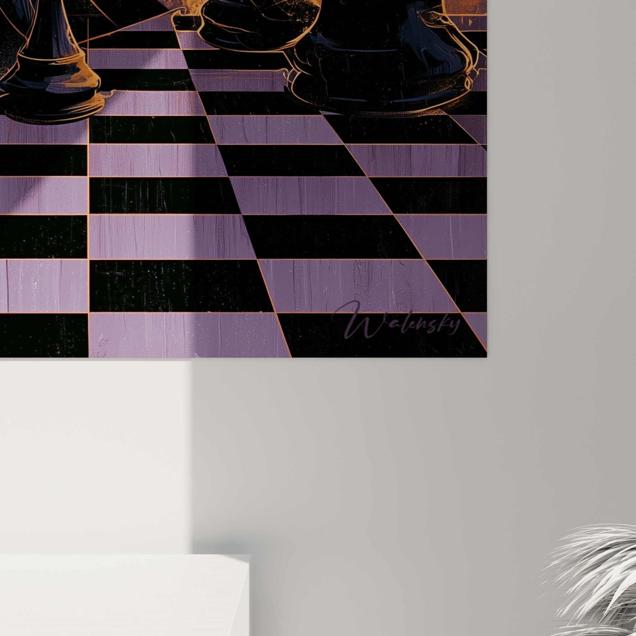 Coulures dorées et marbrures violettes d'Échecs révélant le grain de l'impression sur toile
