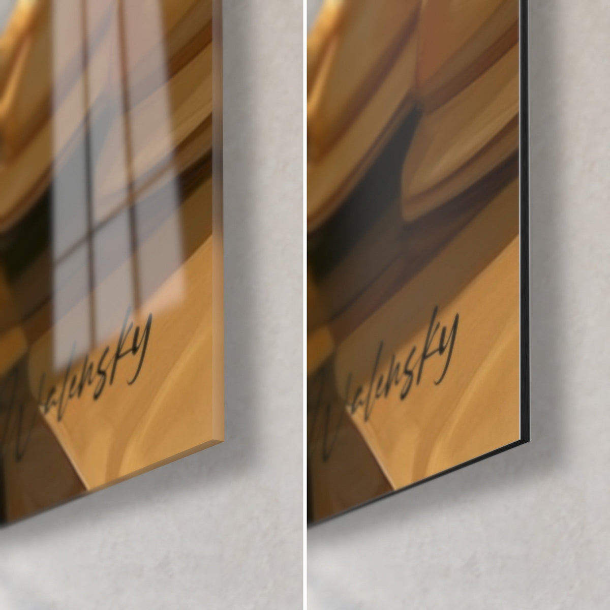 Wall art celestial chessboard, bottom right corner: glossy glass with amber reflections, matte black Dibond, 3 mm edge