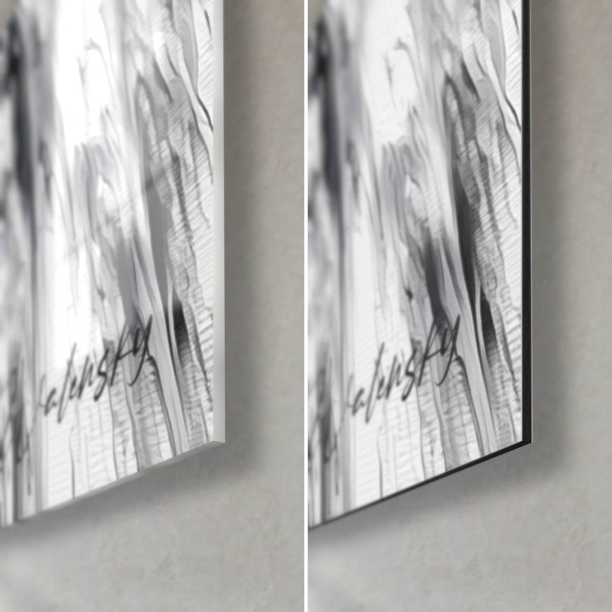 Wall art black and white chess horse, bottom right corner: glossy acrylic glass on the left, matte Dibond aluminium on the right, 3 mm edge