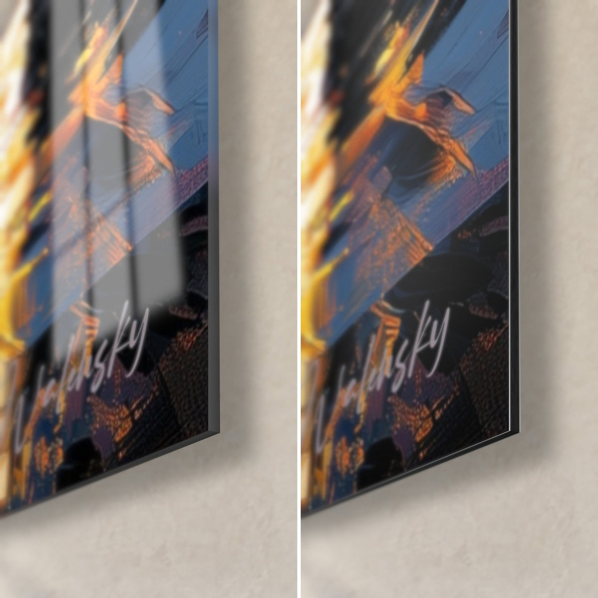 Quadro giocatore di fronte ai pezzi neri, angolo in basso a destra: vetro acrilico lucido con riflessi blu, Dibond opaco arancione, spessore 3 mm
