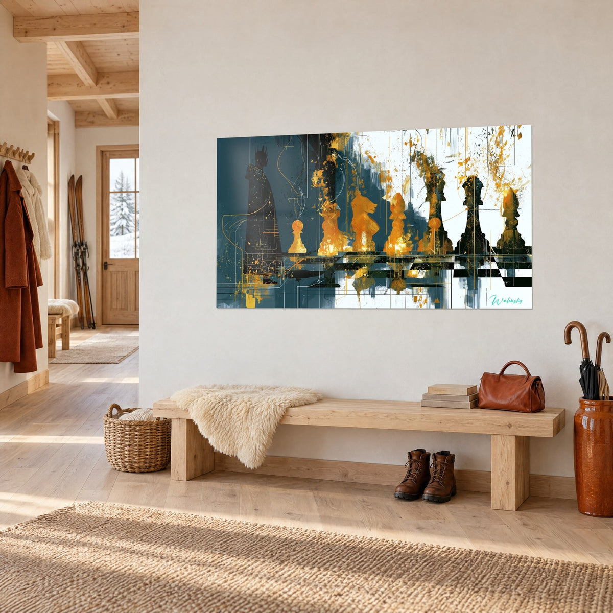 Wall art chessboard in amber and black splashes, crowned silhouette on slate background, cream wall, light wood bench