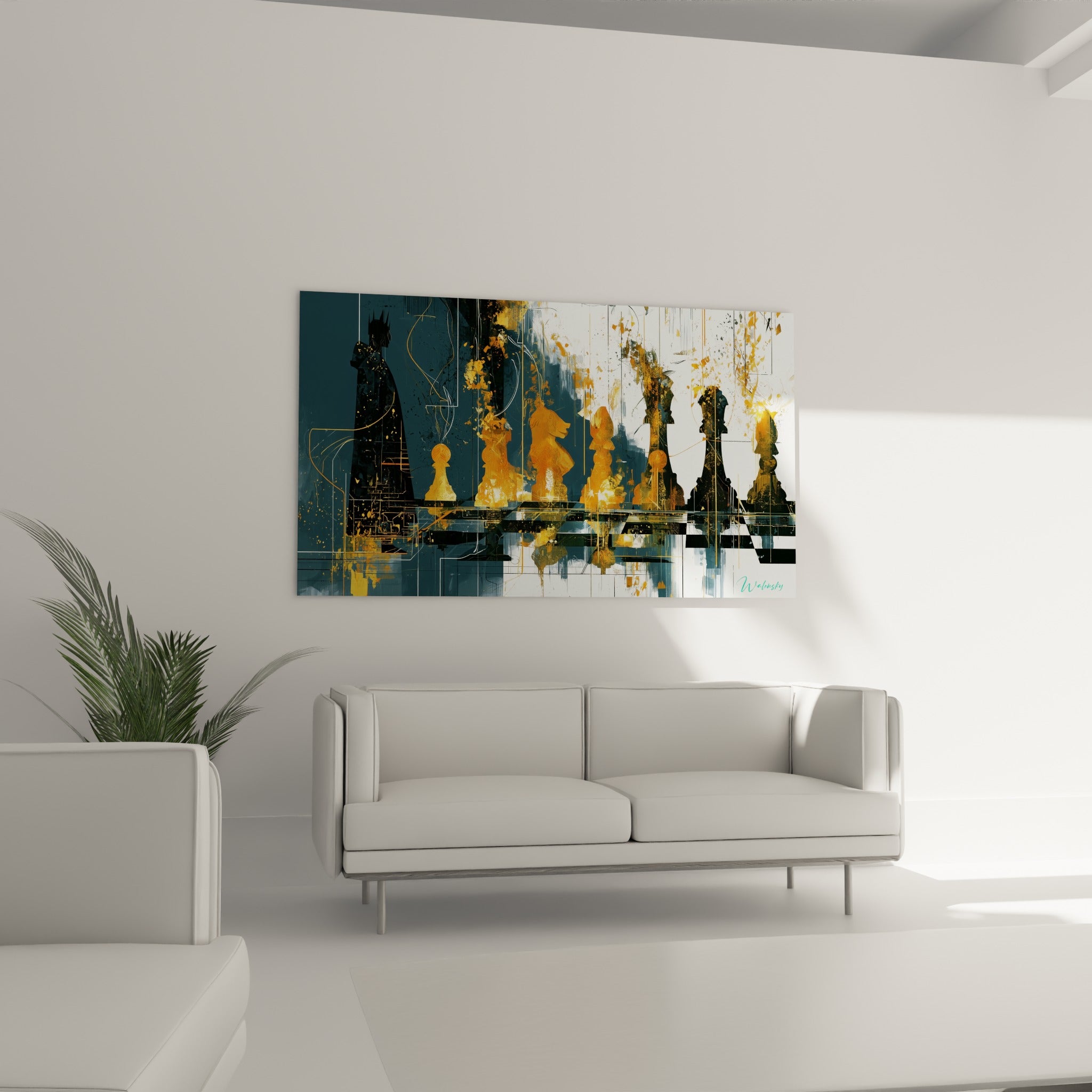 Tour et fous d'échecs anthracite et dorés au-dessus d'un canapé dans un salon lumineux