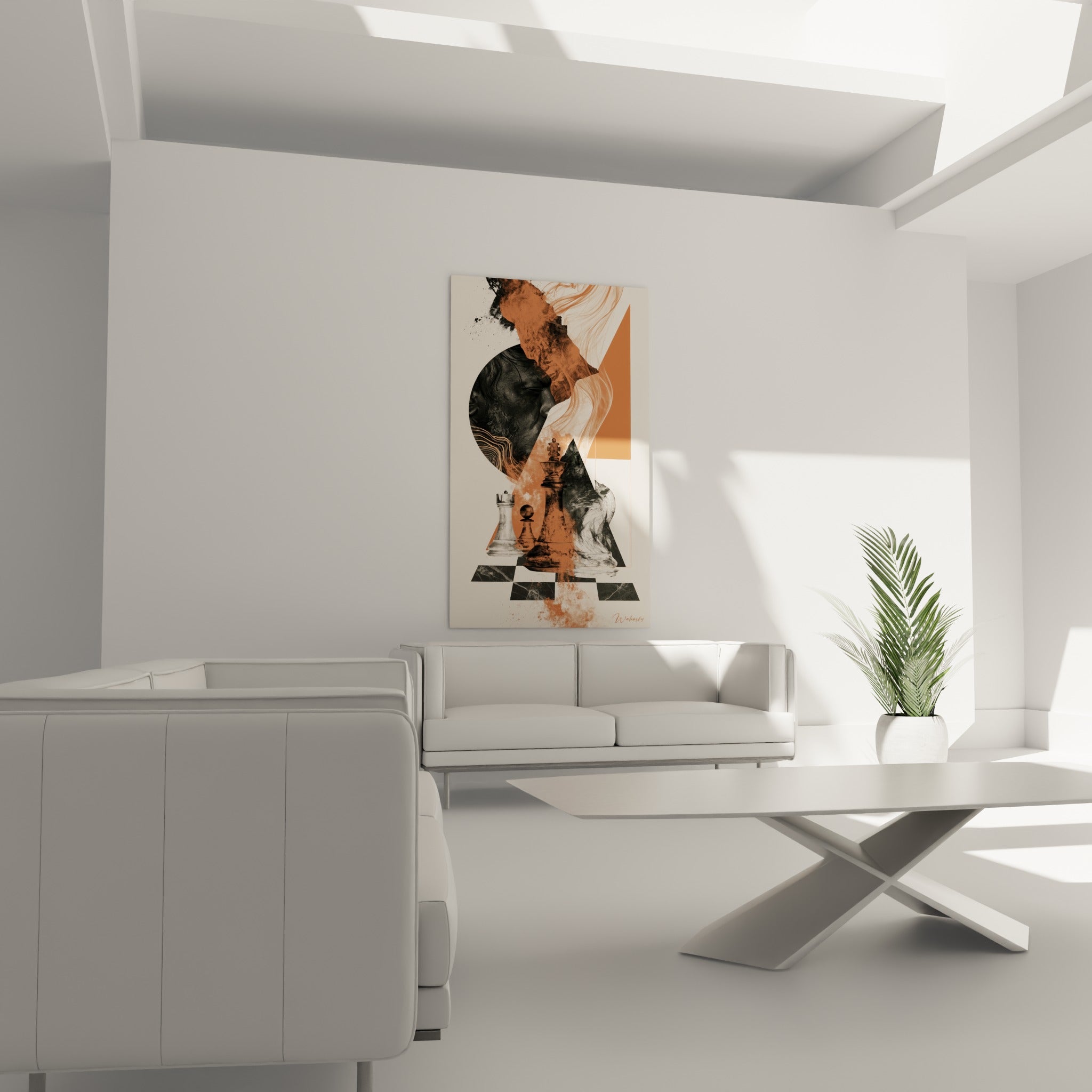 Tour et cavalier d'échecs anthracite dominent au-dessus d'un canapé dans un salon lumineux