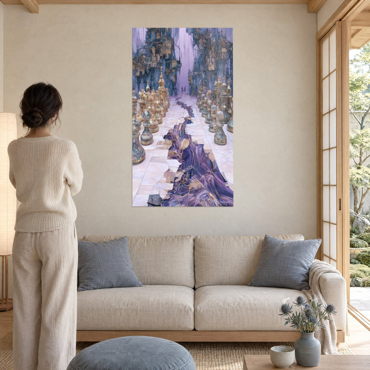 Tableau échiquier géant aux pièces dorées et bleutées, faille violette au sol de marbre, femme de dos au-dessus d'un canapé dans un salon lumineux