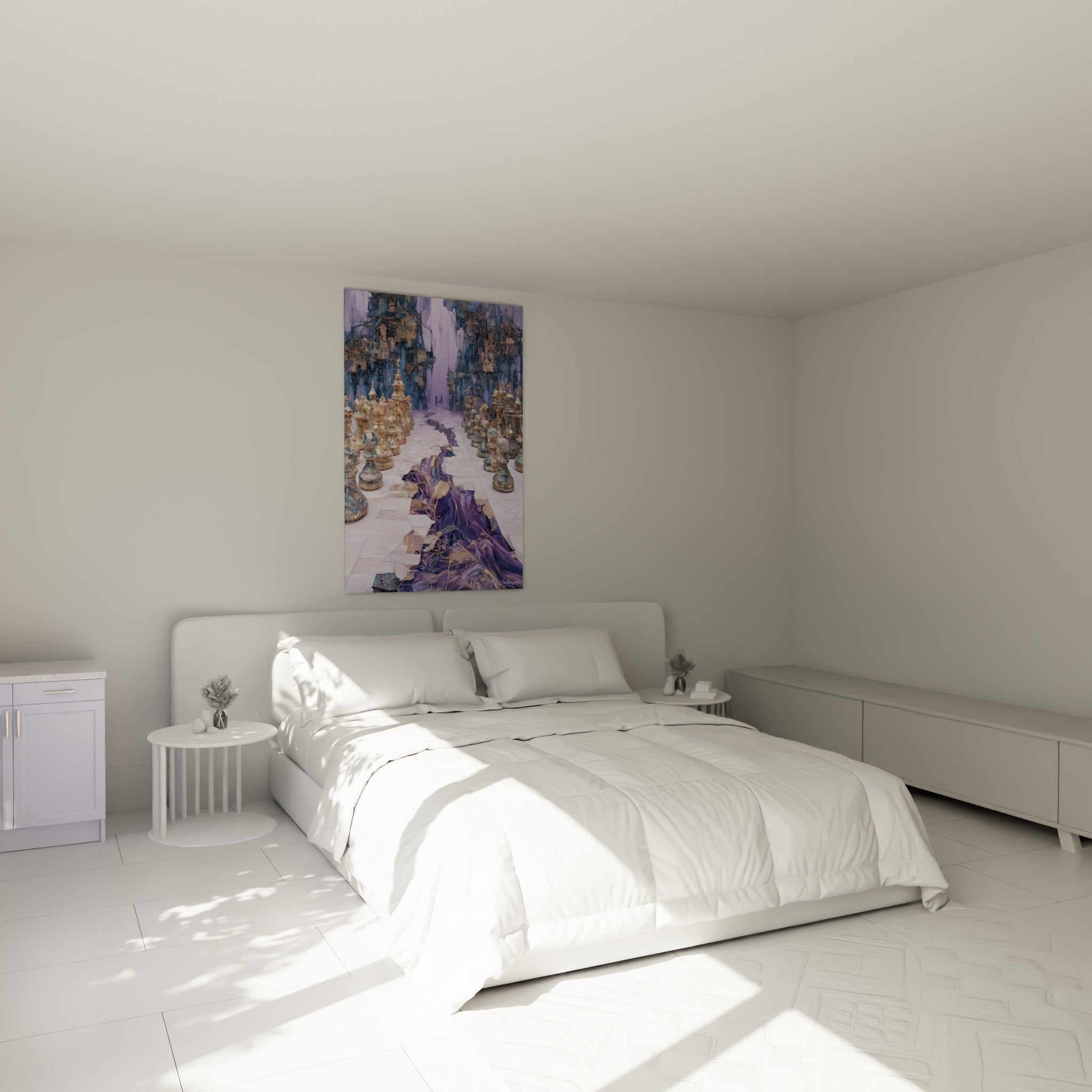 Tours dorées et faille pourpre de cette œuvre échecs accrochée au-dessus d'un lit dans une chambre claire