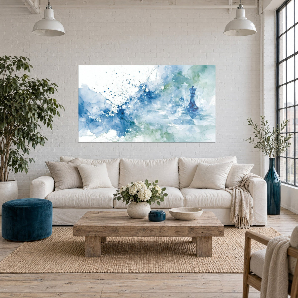 Wall art watercolor chessboard, cobalt blue queen and blue splashes on a sea-green background, above a sofa in a bright living room