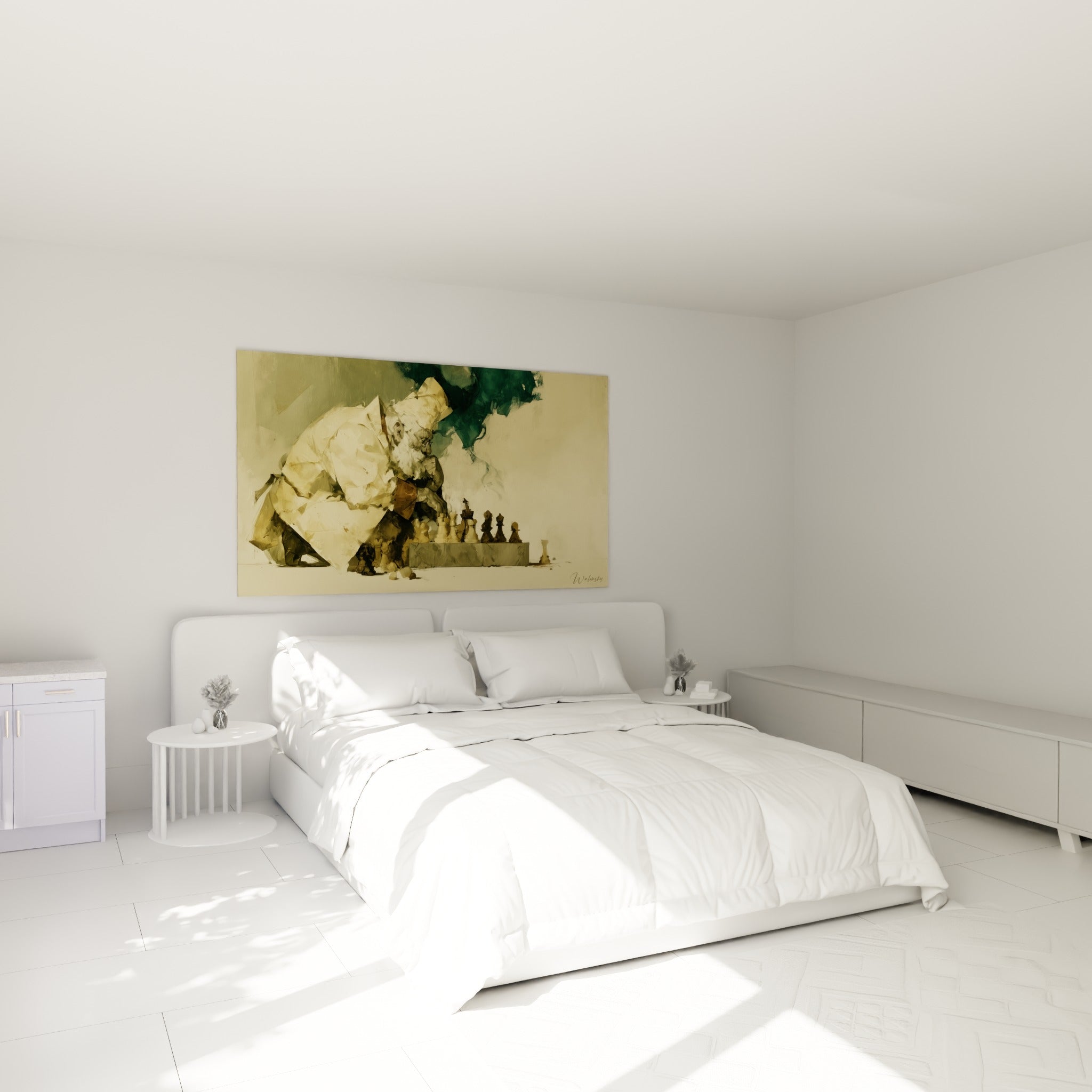 Vieil homme concentré sur un échiquier ocre et beige, accroché au-dessus d'un lit dans une chambre claire