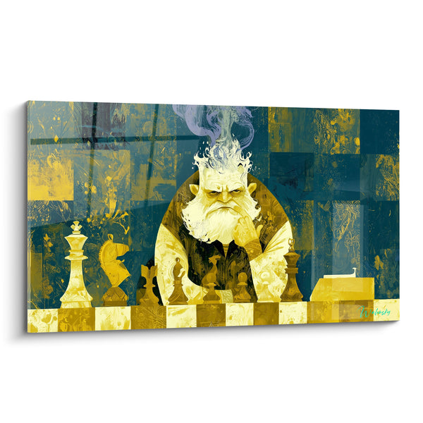 Tableau Vieil homme barbu bleu et jaune ocre - Concentration extrême - Edition Echecs