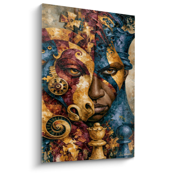 Tableau Visage doré et bleu fusionné à un cheval d'échecs - Esprit stratège - Edition Echecs