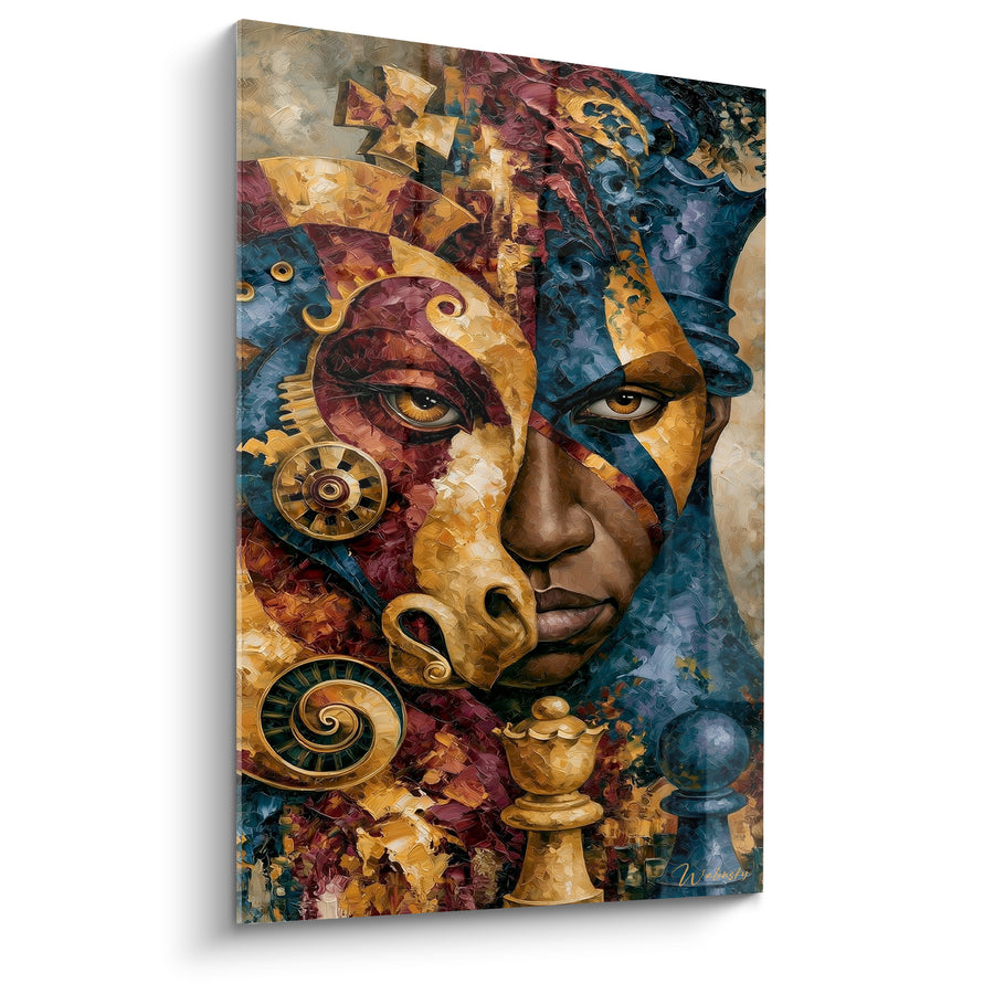 Tableau Visage doré et bleu fusionné à un cheval d'échecs - Esprit stratège - Edition Echecs