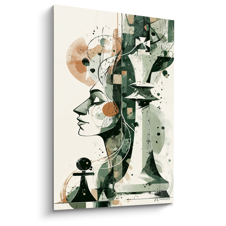 Tableau Visage féminin vert et pièces d'échecs - Pensée stratégique - Edition Echecs