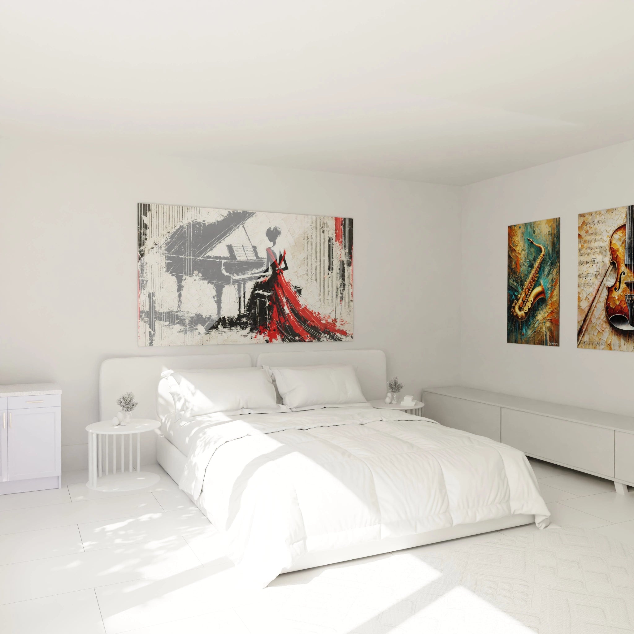 "Tableau accroché dans une chambre au-dessus du lit. La robe rouge éclatante de la femme et le piano noir créent une ambiance intime et artistique, parfaite pour sublimer l’espace."

