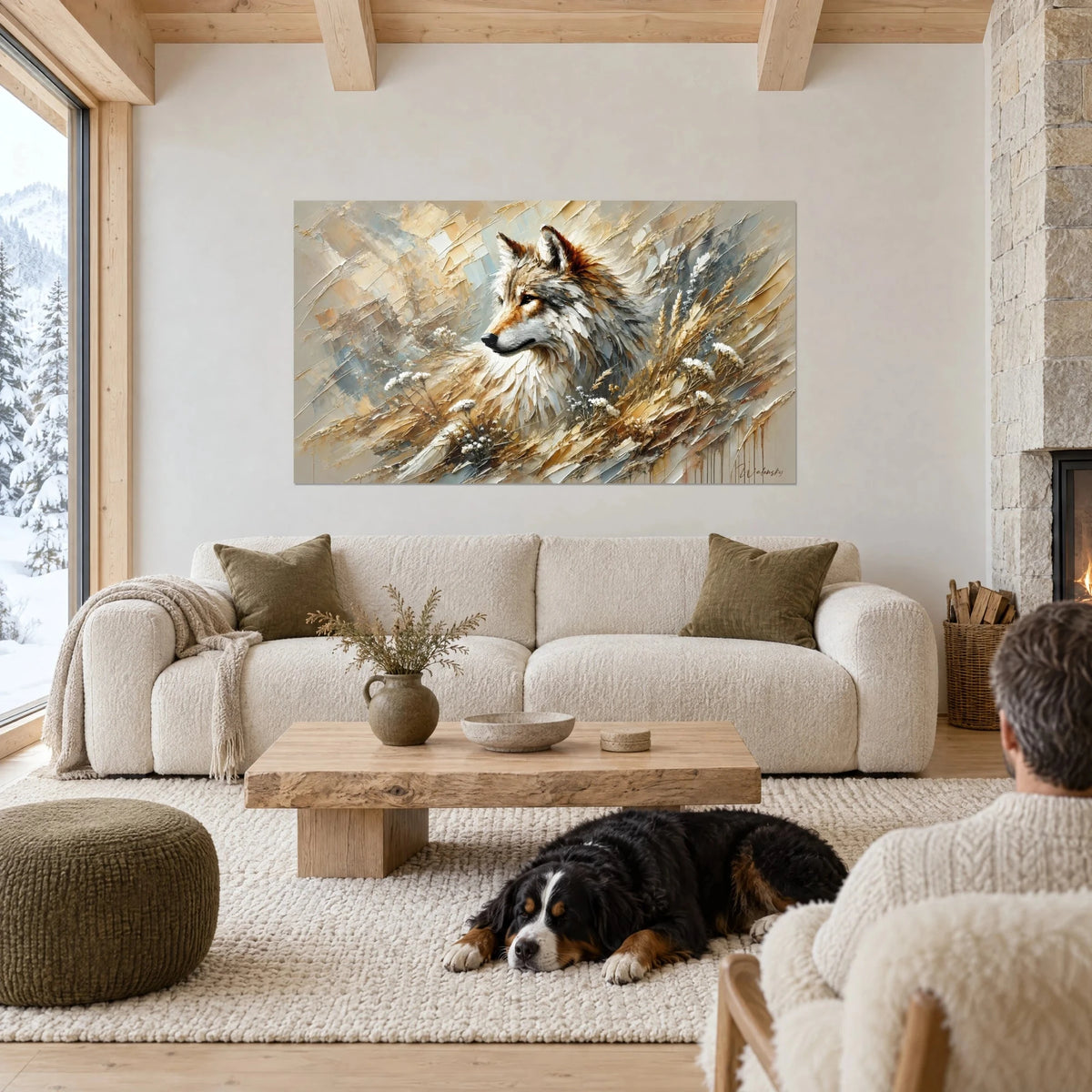 Wall art wolf with ivory and russet fur among golden grasses, above a sofa in a bright living room