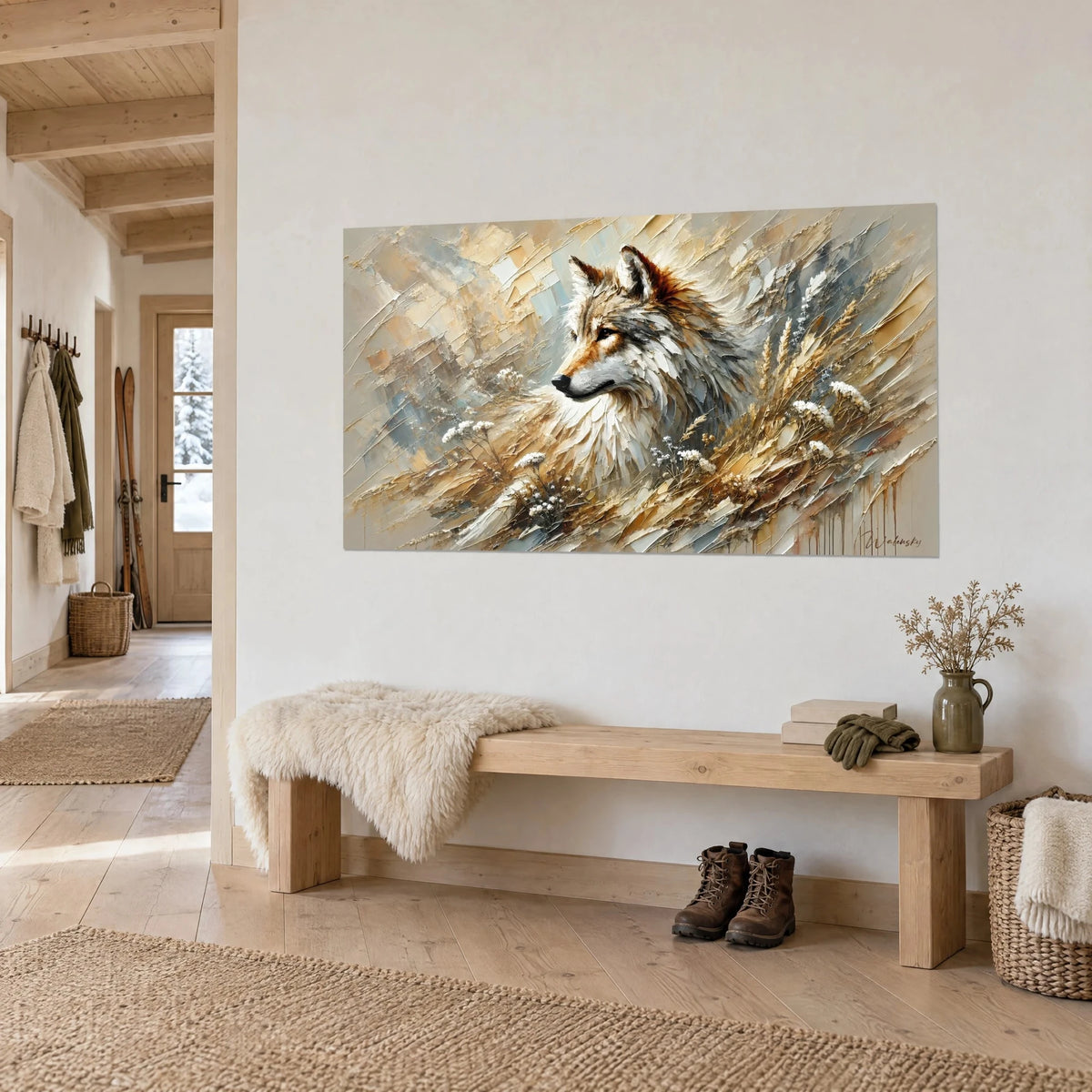 Wall art portrait of a wild canine, palette-knife strokes in beige and blue-grey, white flowers, on a chalet wall