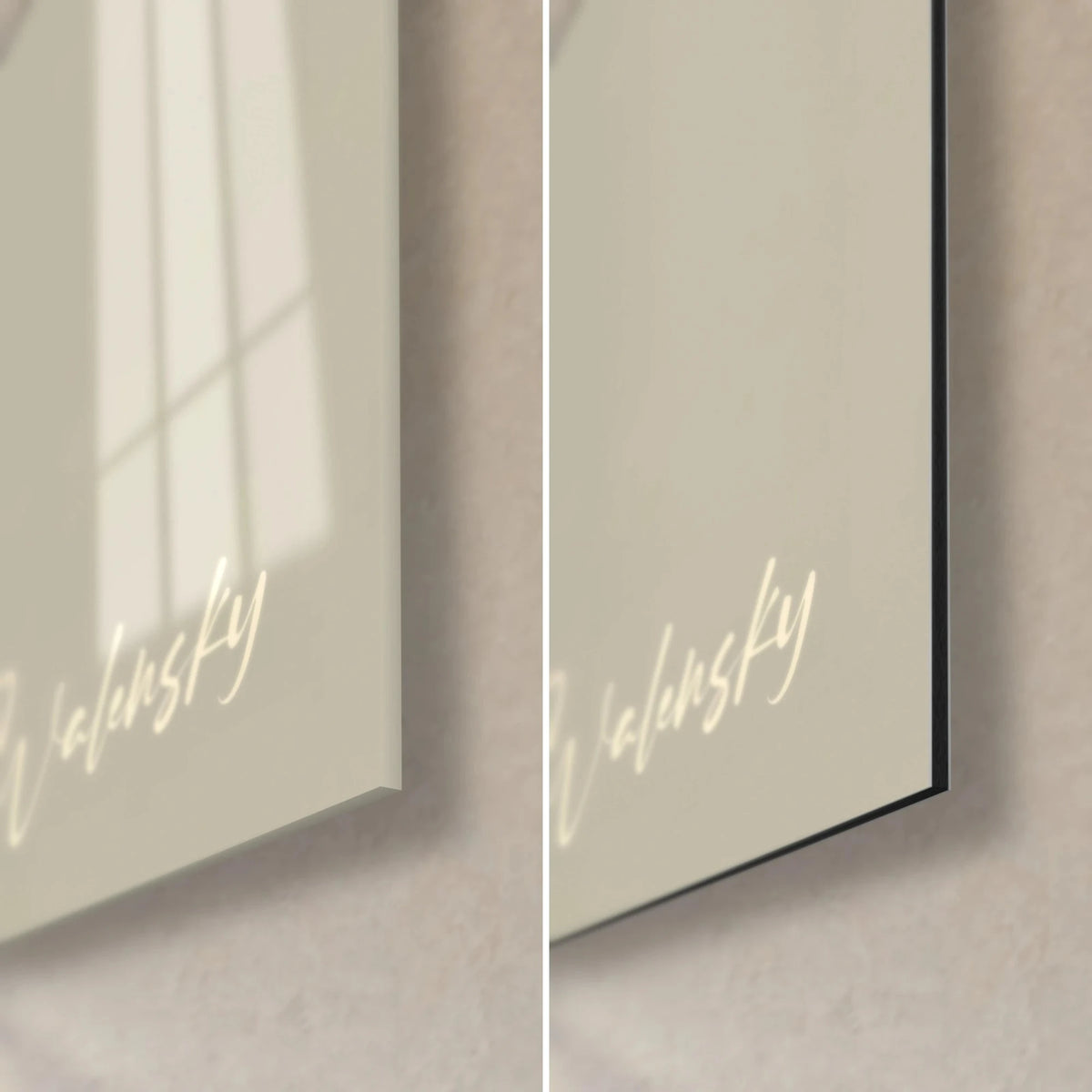 Gemälde Pottwal in Grau und Creme, untere rechte Ecke: glänzendes Acrylglas links, mattes Dibond rechts, 3 mm Kante