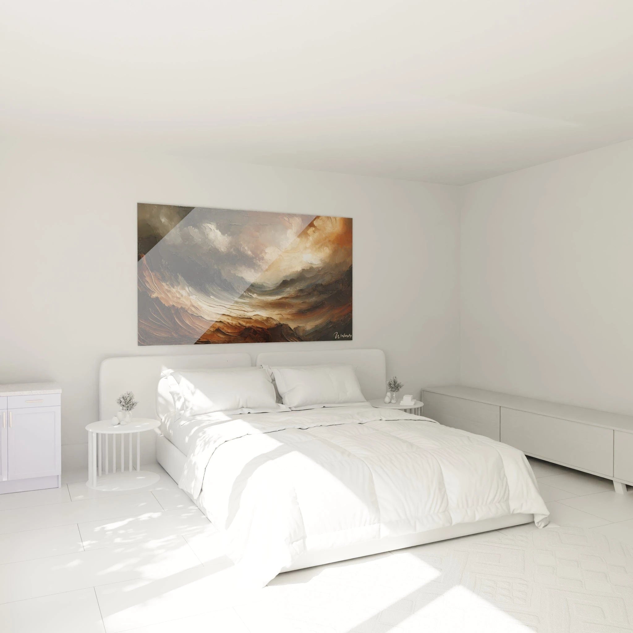Un tableau abstrait de reliefs escarpés et ciel orageux. La palette associe ocre terreux, gris bleuté, blanc cassé et brun sépia. Les textures montrent des couches épaisses de peinture appliquée en larges coups de spatule directionnels, formant des strates horizontales dans les montagnes et des mouvements plus circulaires dans les nuages.
