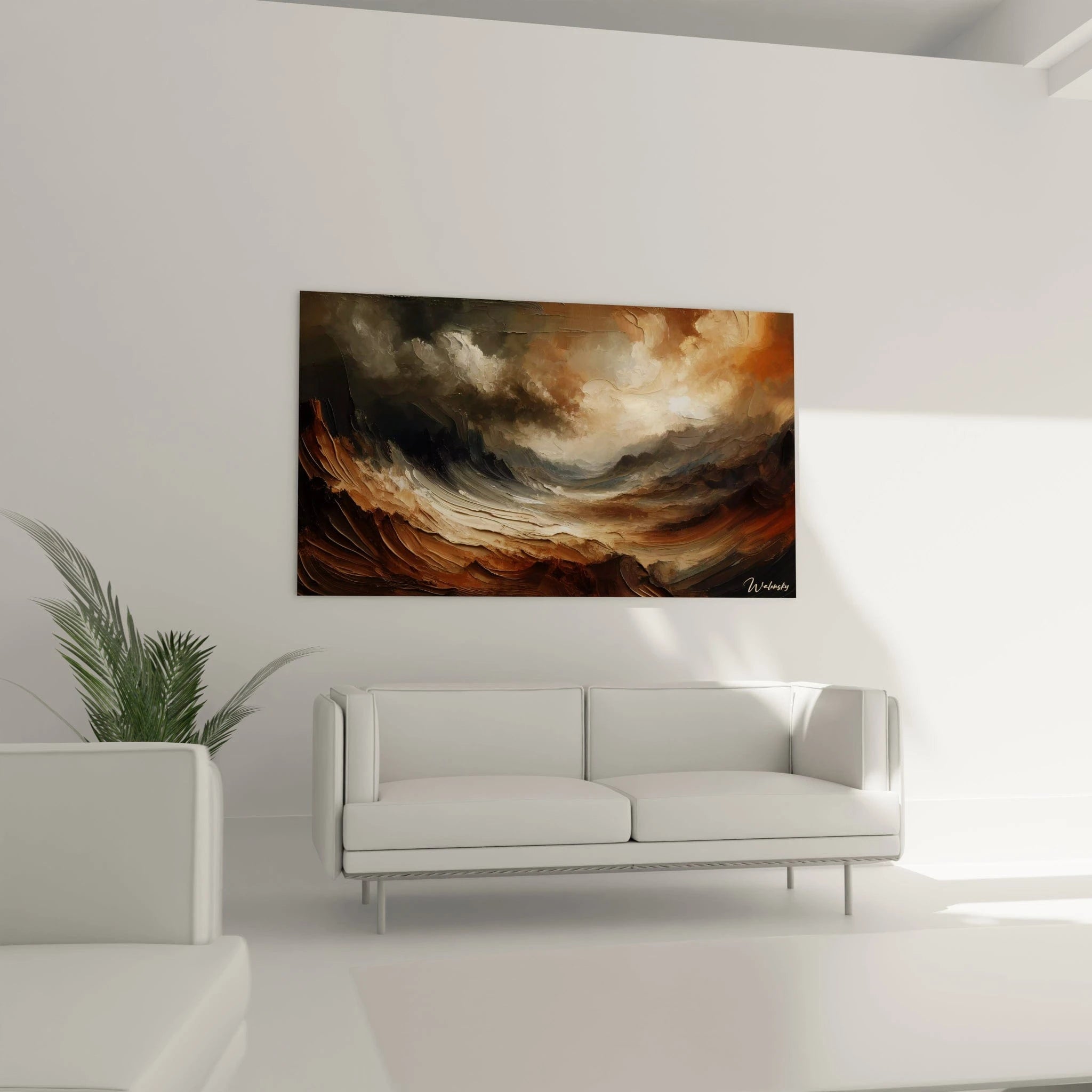 Un tableau abstrait de canyon rocheux sous ciel tourmenté. Les couleurs principales sont terre de Sienne, gris anthracite, blanc ivoire et brun caramel. La texture présente une application généreuse de peinture en relief, avec des coups de spatule formant des lignes de force horizontales dans le paysage et des nuages lumineux émergeant d'un arrière-plan sombre.
