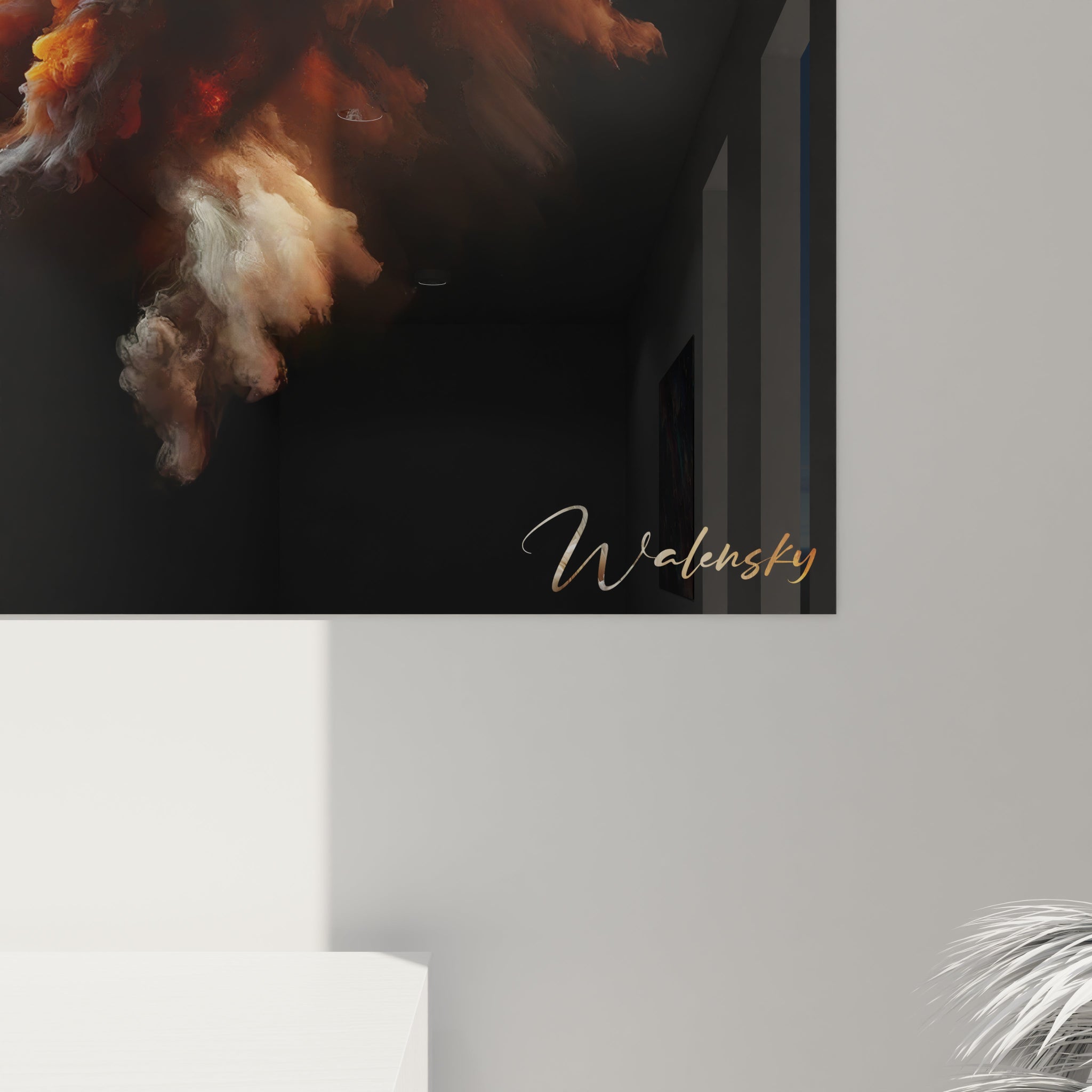 Un tableau abstrait de fusion entre éléments opposés. Utilise une palette contrastée de gris-blanc, orange lumineux et rouge intense sur fond noir profond. La texture présente des masses floconneuses et ondulantes qui s'entrecroisent et fusionnent, suggérant la rencontre explosive entre substances différentes capturées en plein mouvement.
