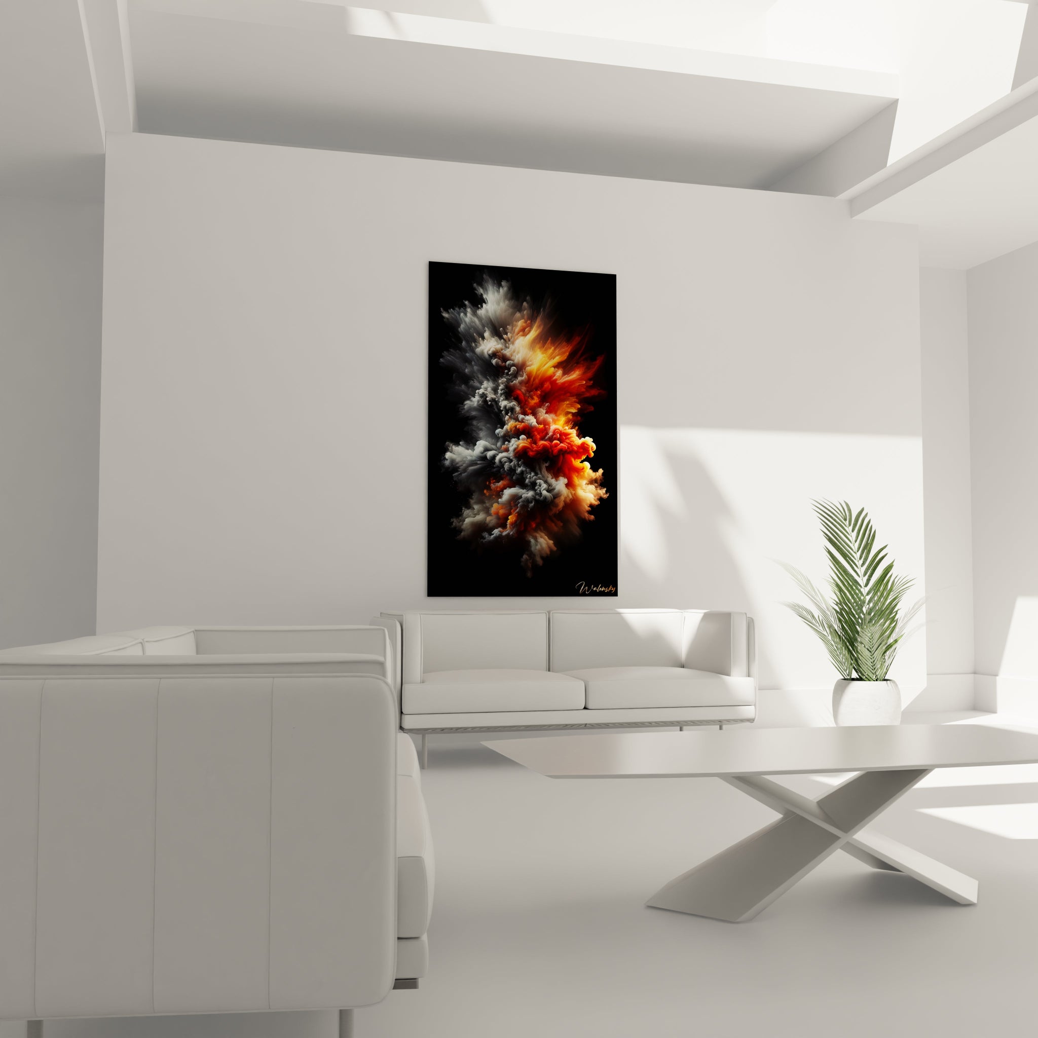 Un tableau abstrait d'éruption chromatique verticale. Les couleurs principales sont blanc argenté, orange incandescent et rouge carmin sur fond noir absolu. La texture évoque des volutes de fumée dense ou des liquides visqueux en mouvement, créant des formes organiques qui s'entrelacent dans une dynamique ascendante.
