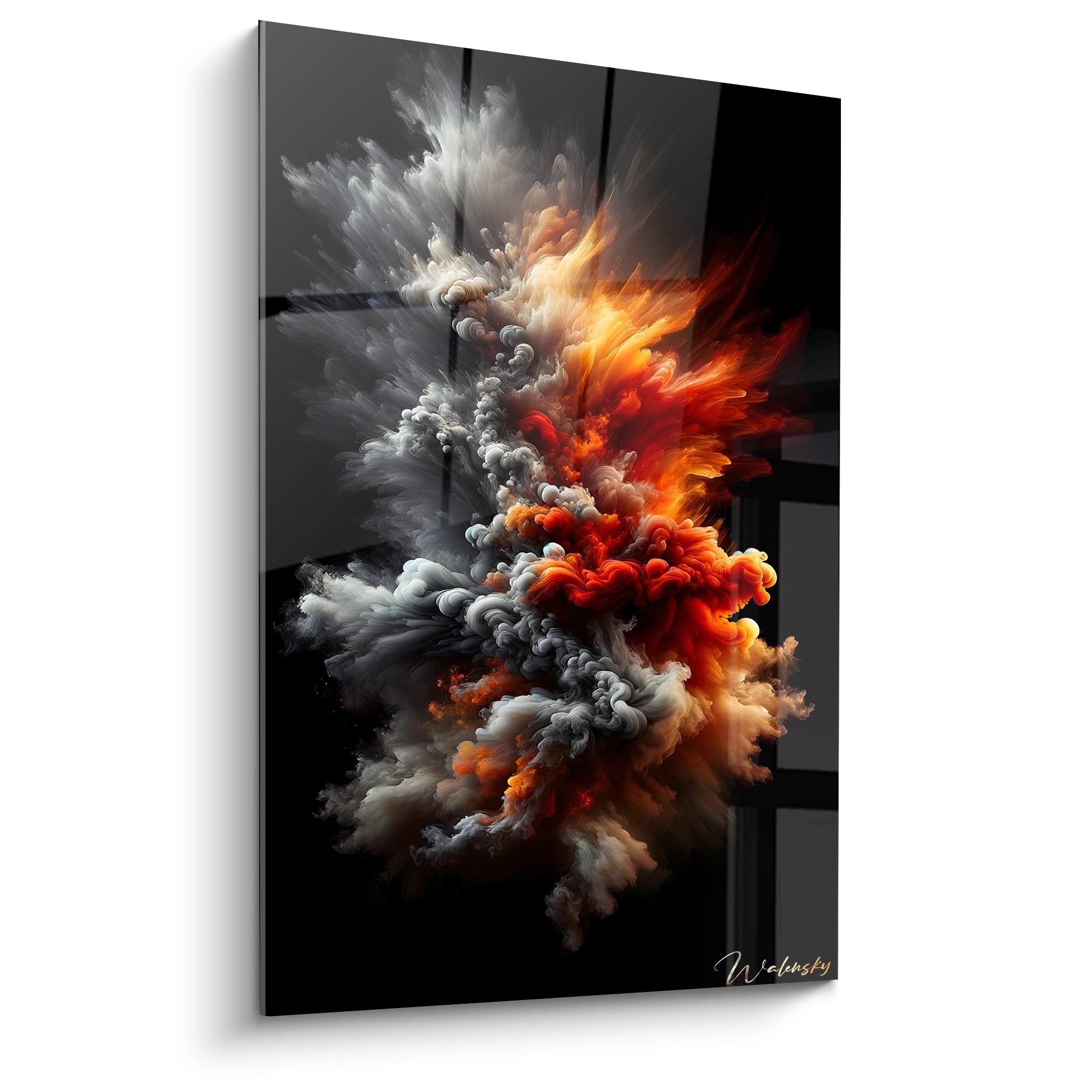 Un tableau abstrait d'explosion de couleurs sur fond noir. Dominé par des teintes blanc laiteux, orange flamboyant et rouge écarlate. La texture présente des formations vaporeuses et tourbillonnantes semblables à des volutes de fumée ou d'encre dans l'eau, créant un contraste saisissant entre zones froides et chaudes.
