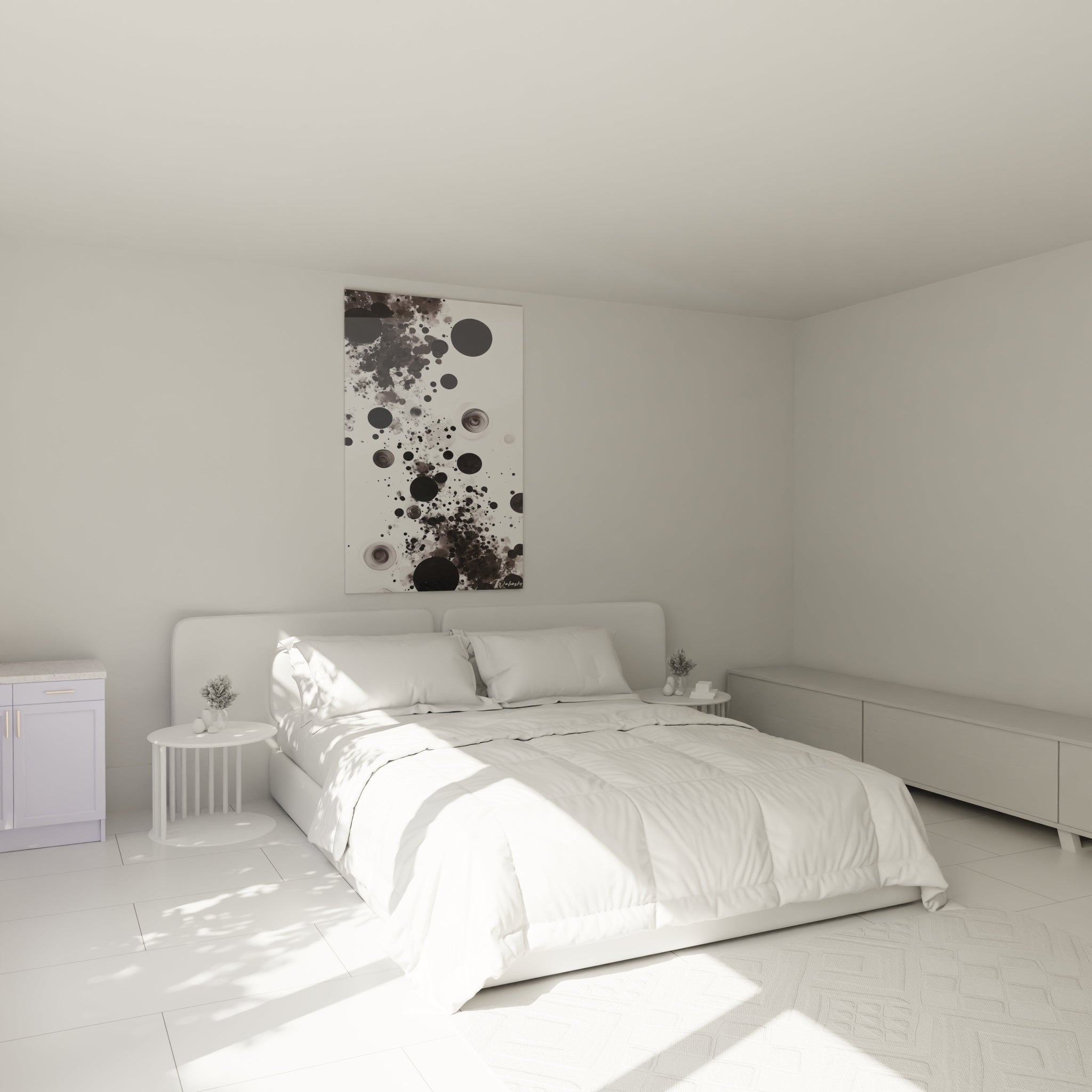 Tableau tacheté noir et blanc Walensky accroché au mur dans une chambre moderne et minimaliste