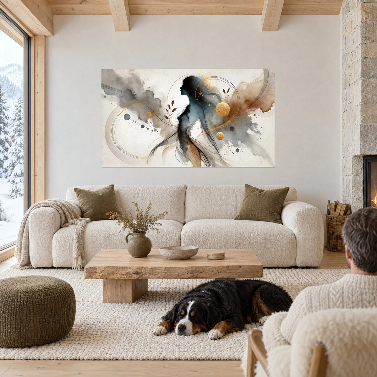 Quadro sagoma femminile nera di profilo, acquerello grigio e cerchi dorati, cane nero sdraiato, sopra un divano in un soggiorno luminoso
