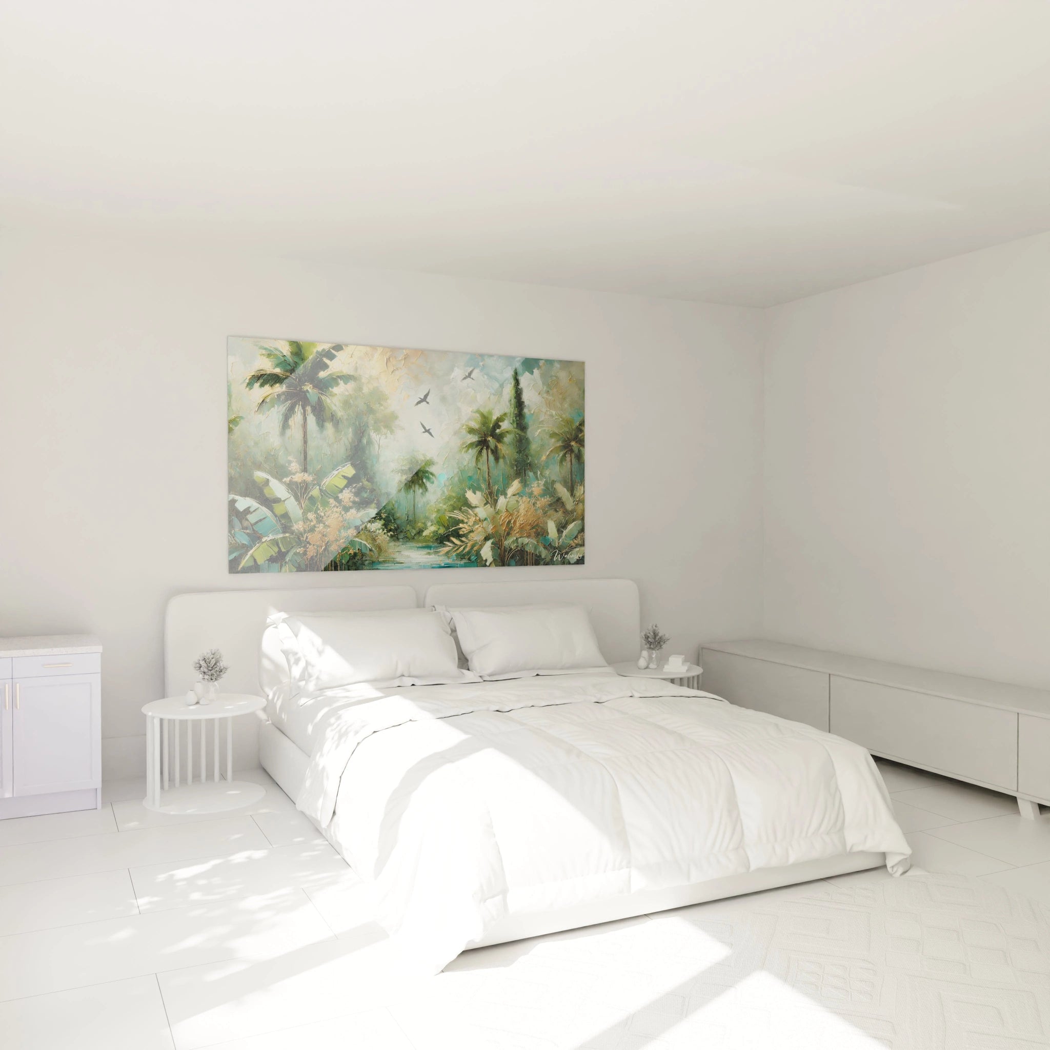 Admirez le tableau tropicales dans une chambre au-dessus du lit, apportant une touche moderne et colorée à votre espace. Sa richesse visuelle crée une ambiance accueillante.

