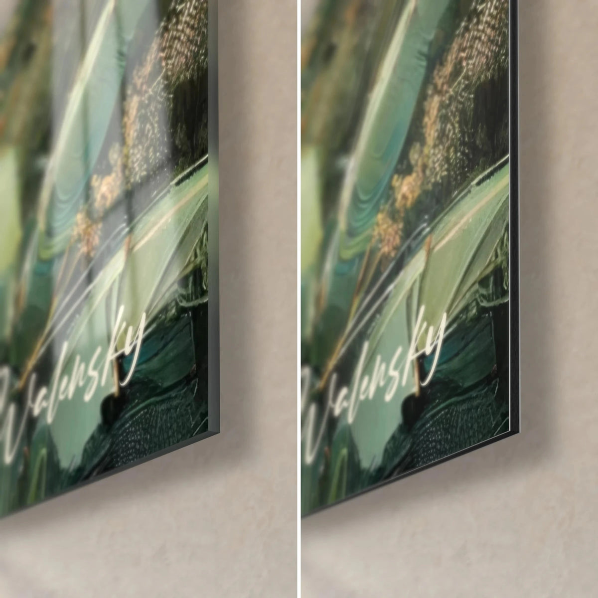 Wall art of a tropical landscape, bottom right corner: pale green banana leaf and ochre touches, glossy glass on the left, matte Dibond on the right, 3 mm thickness