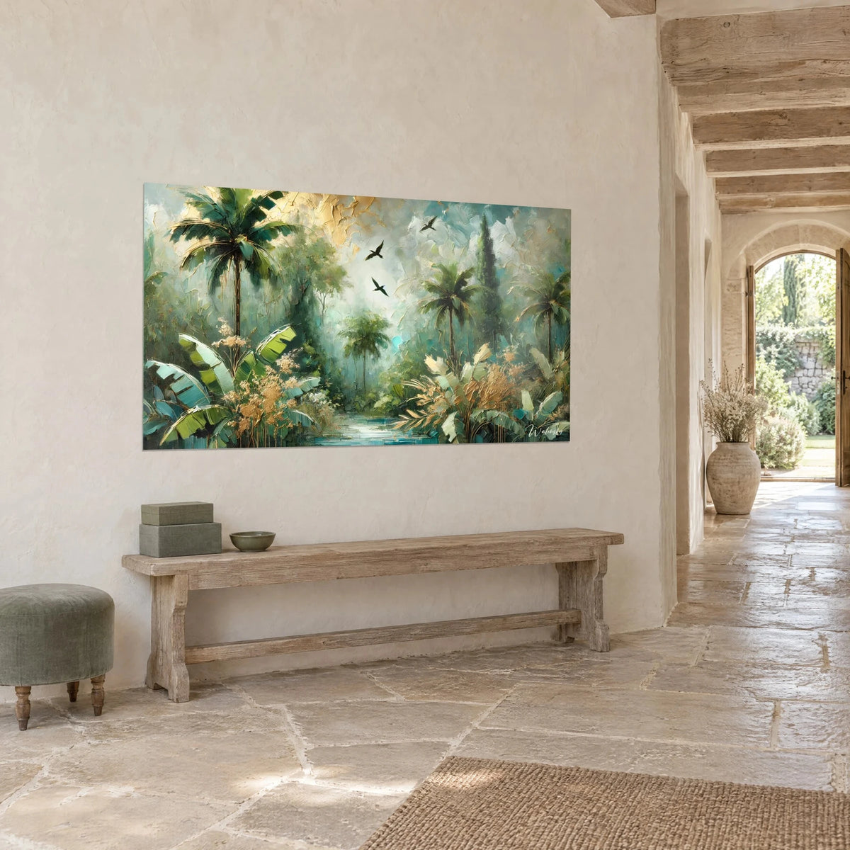 Wall art of a palm and banana forest painted with a palette knife, turquoise and gold sky, river at the center, seen three-quarter view from the entrance hall