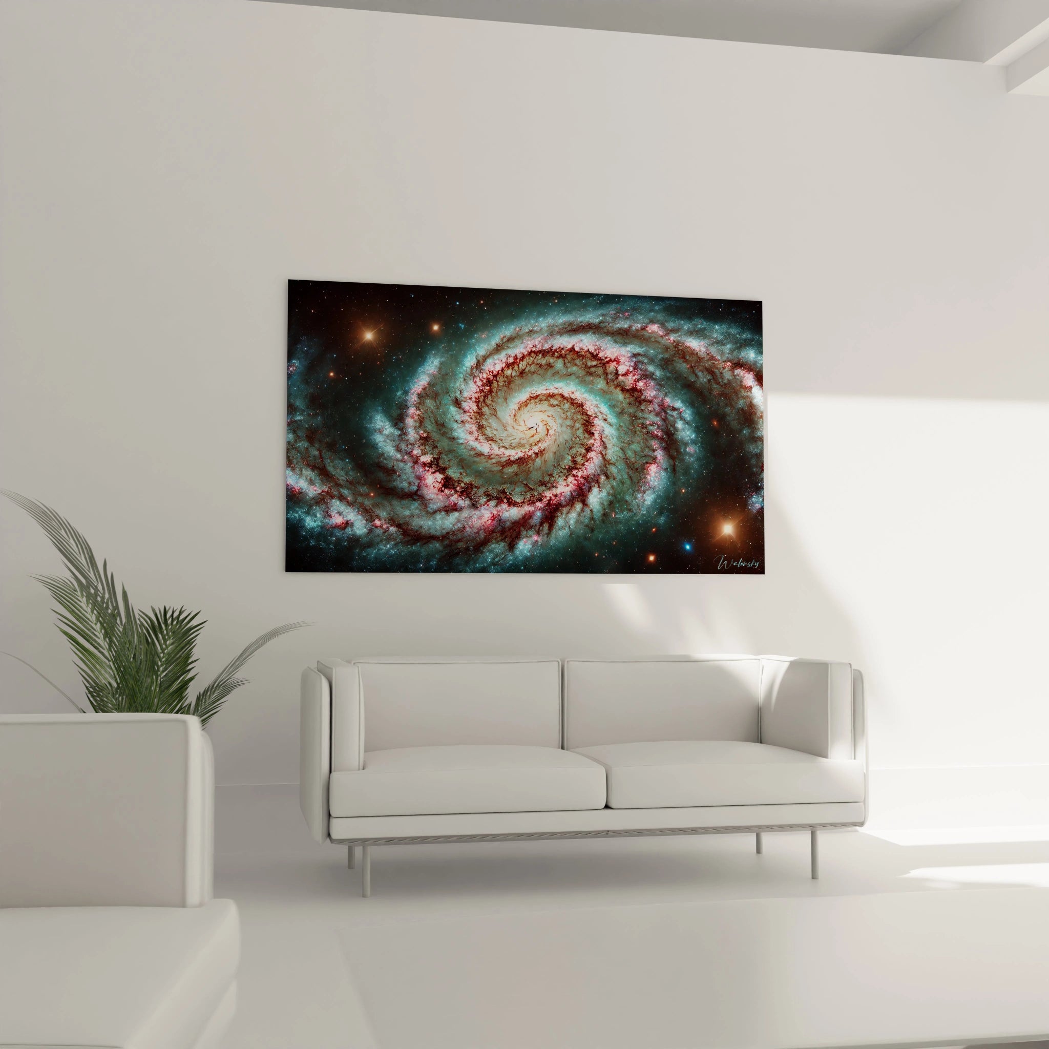 Transformez votre salon avec le tableau Galaxie, une pièce fascinante qui évoque les spirales des galaxies et illumine votre espace d'une aura céleste.

