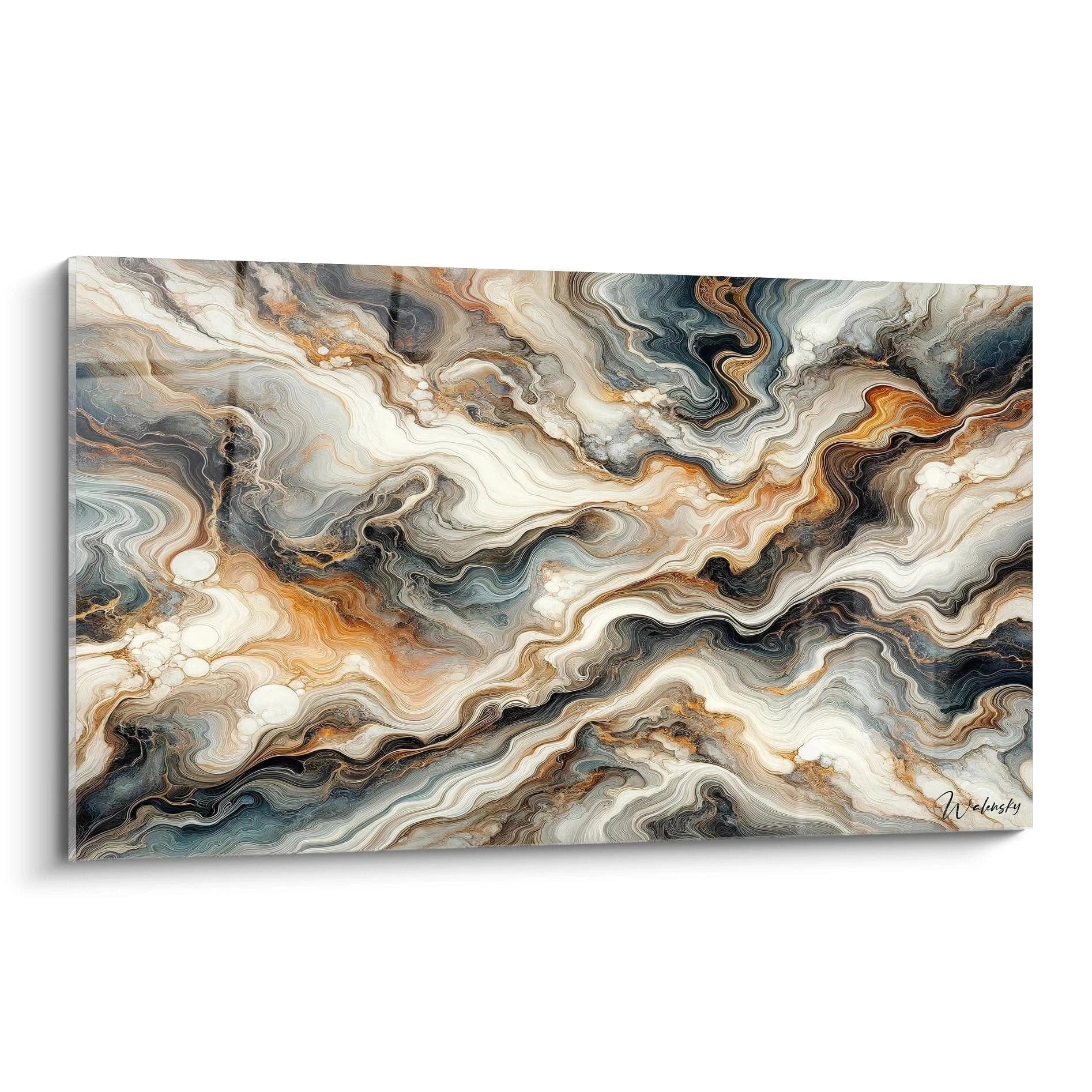 Tableau abstrait représentant des strates marbrées ondulantes. Palette de couleurs neutres mélangeant blanc crème, gris bleuté, noir charbon et ambre doré. Texture fluide évoquant des couches géologiques avec veines dorées et formations nuageuses blanches. Composition horizontale de vagues entrelacées créant un effet de mouvement liquide.
