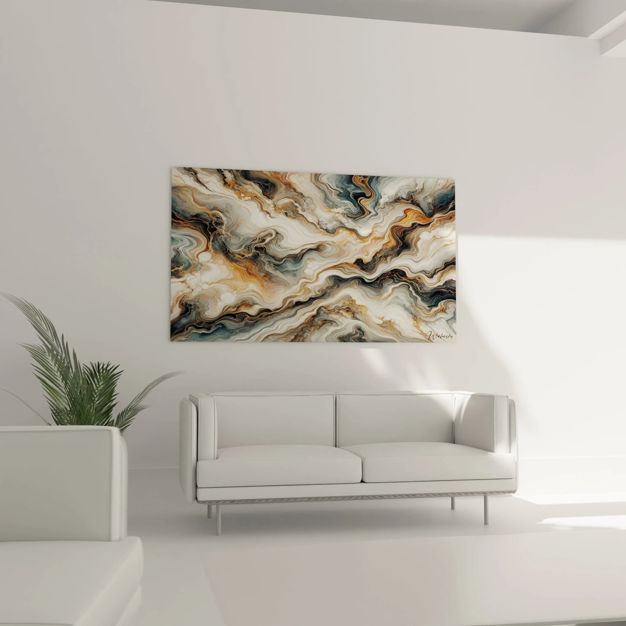 Tableau abstrait montrant un motif de marbre liquide aux teintes naturelles. Spectre chromatique de blanc nacré, gris ardoise, noir ébène et ambre caramel. Effet visuel de fluidité obtenu par lignes courbes concentriques et veines métallisées. Composition dynamique avec courants entrelacés et poches blanches disséminées dans l'ensemble marbré.

