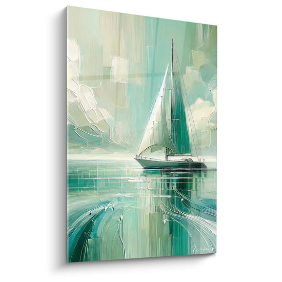 Scopri il nostro quadro a vela, visto da una prospettiva obliqua, che cattura una vela solitaria che naviga su un mare calmo. Le sfumature pastello di verde, turchese e bianco sporco conferiscono un tocco di serenità all'opera.